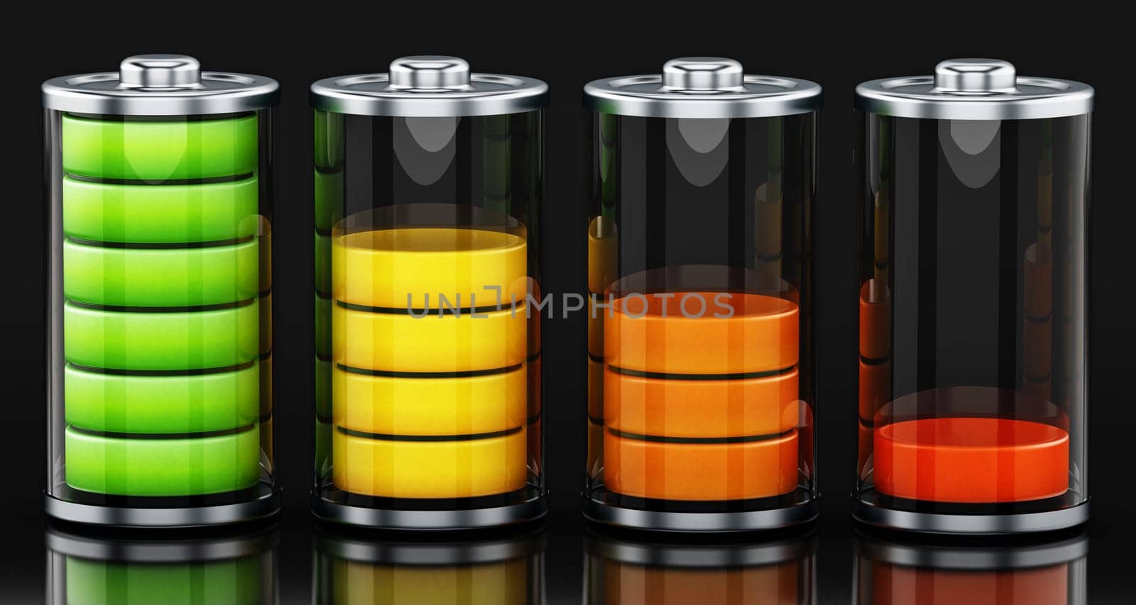 Four different battery levels on black background. 3D illustration.