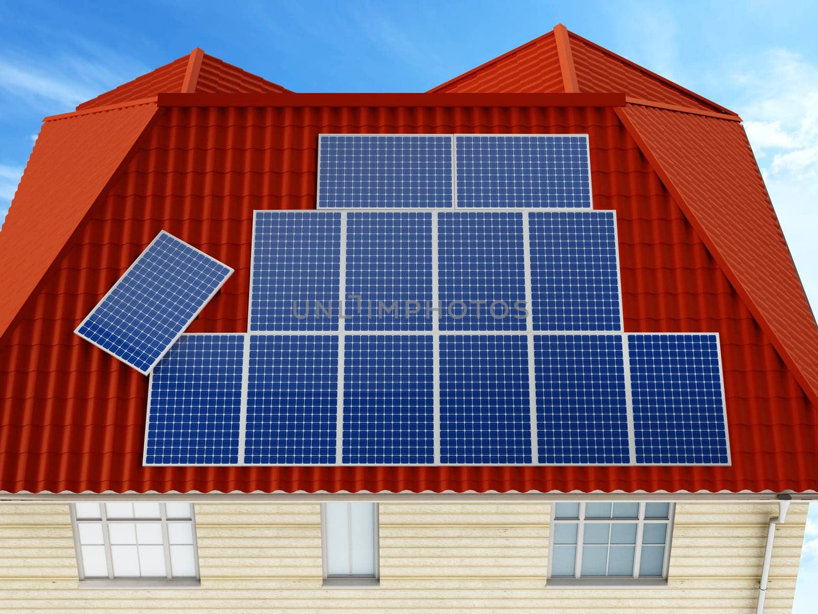 Solar panels being installed on building rooftop. 3D illustration.
