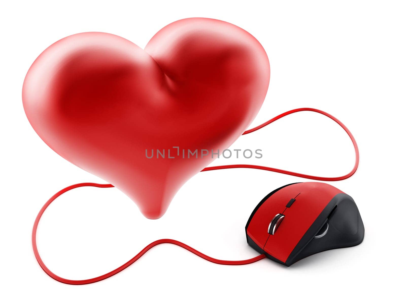 Red corded mouse connected to shiny heart. 3D illustration.