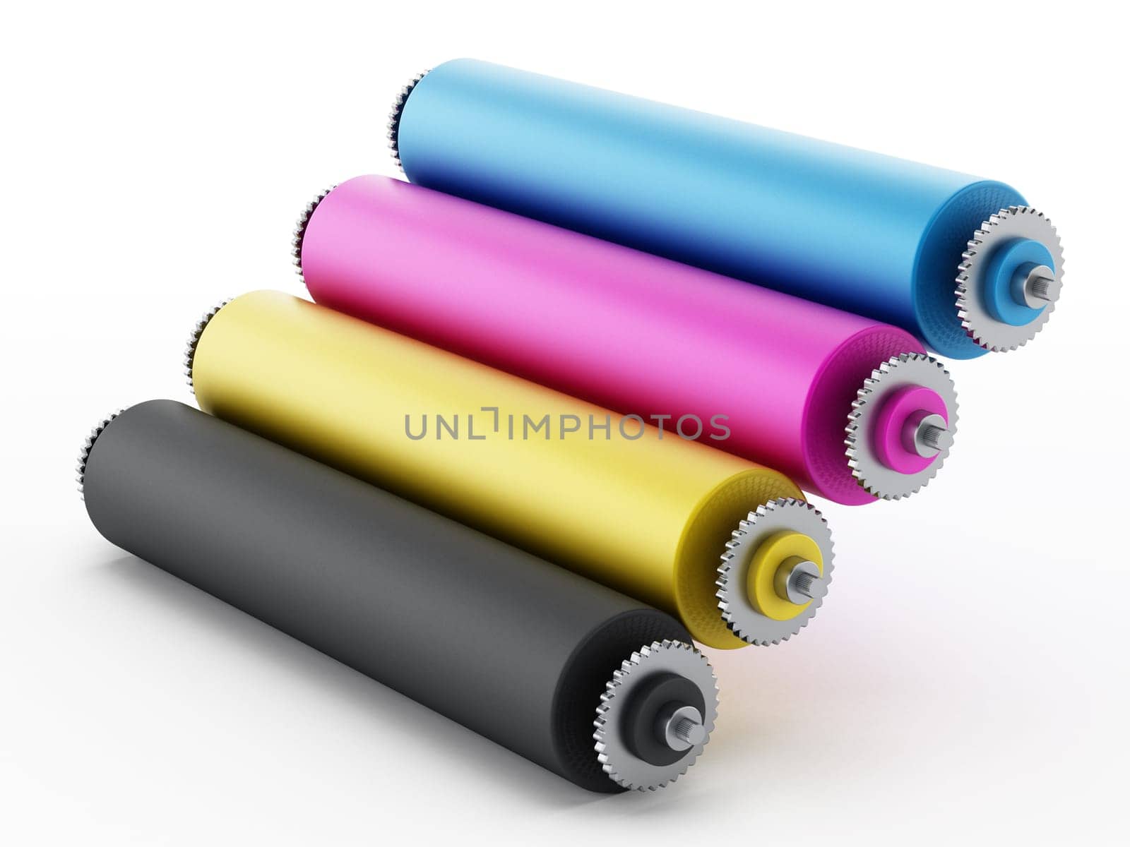 CMYK Printing press with test print. 3D illustration.