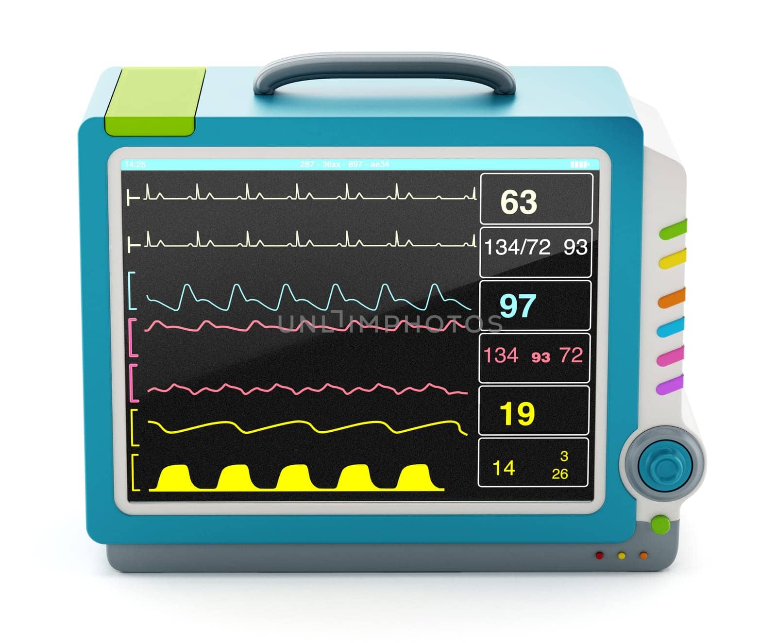 Medical monitor showing vital health information isolated on white background. 3D illustration.