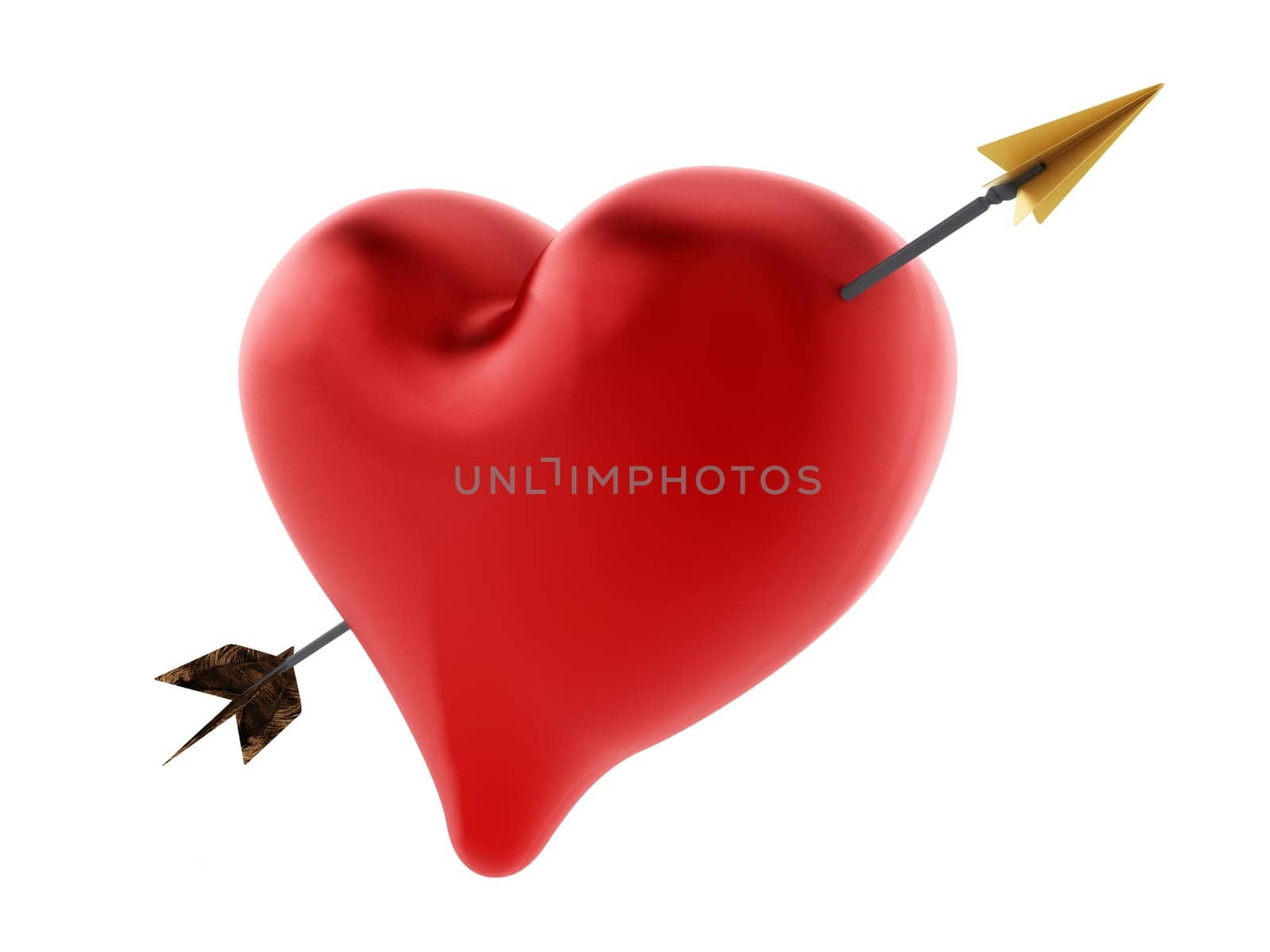 Arrow through heart. 3D illustration isolated on white background.
