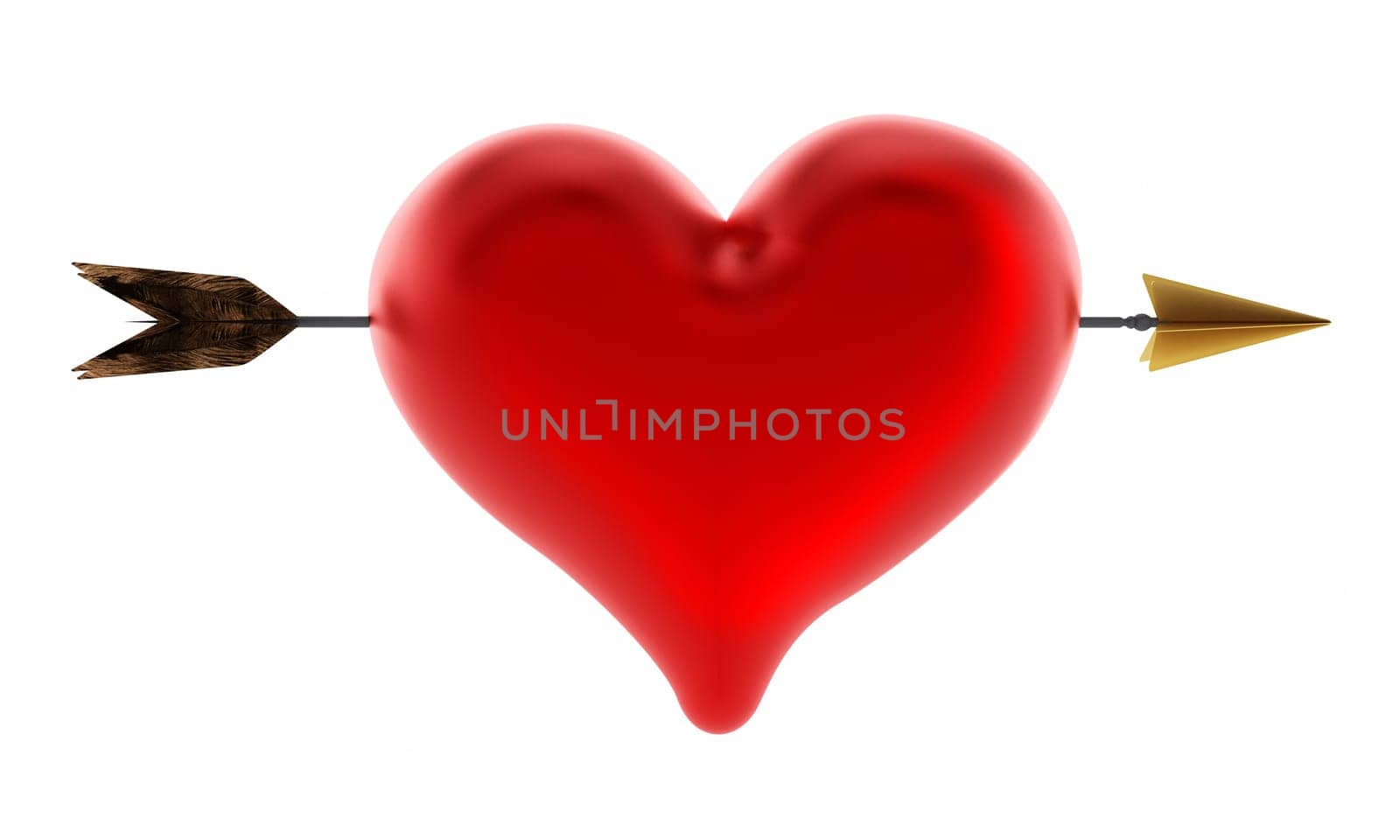 Arrow through heart. 3D illustration isolated on white background.