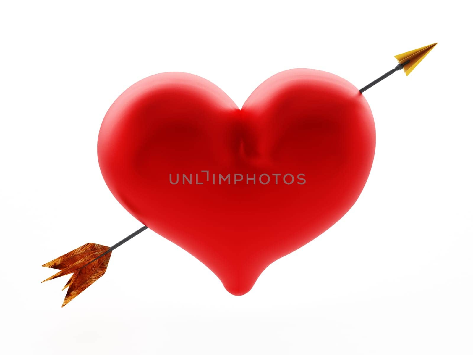 Arrow through heart. 3D illustration isolated on white background.
