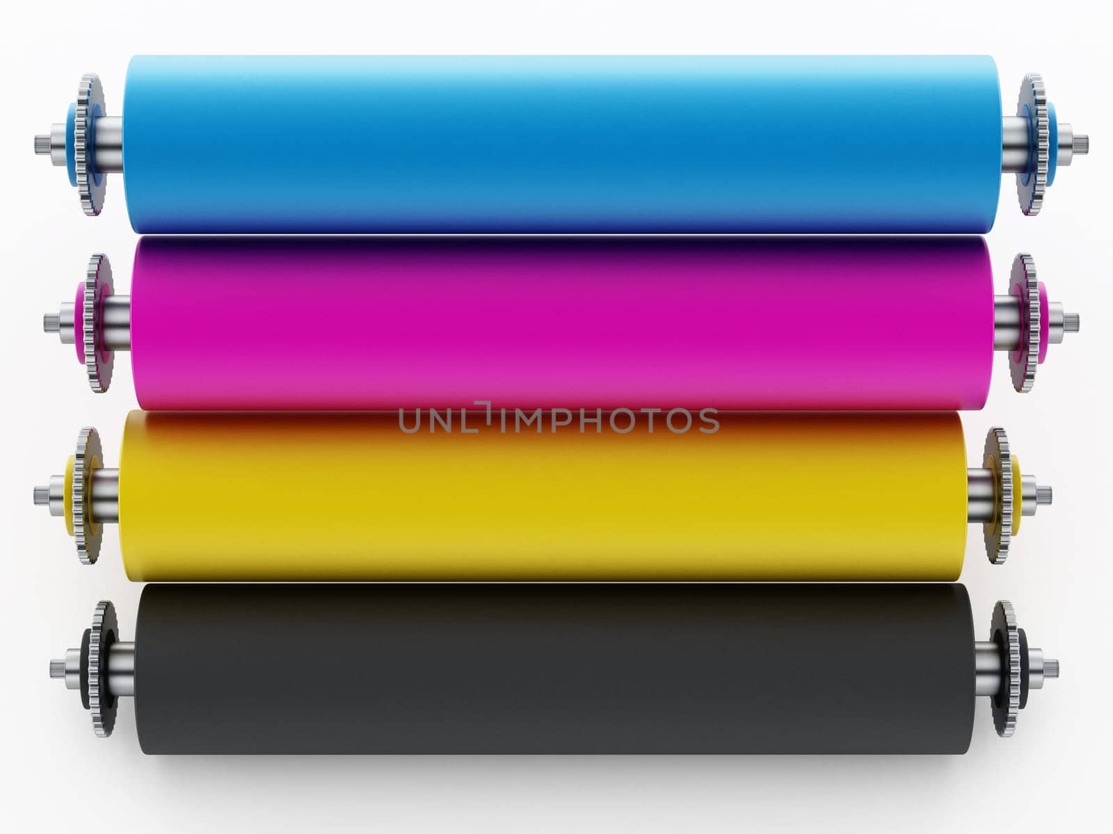CMYK Printing press with test print. 3D illustration.