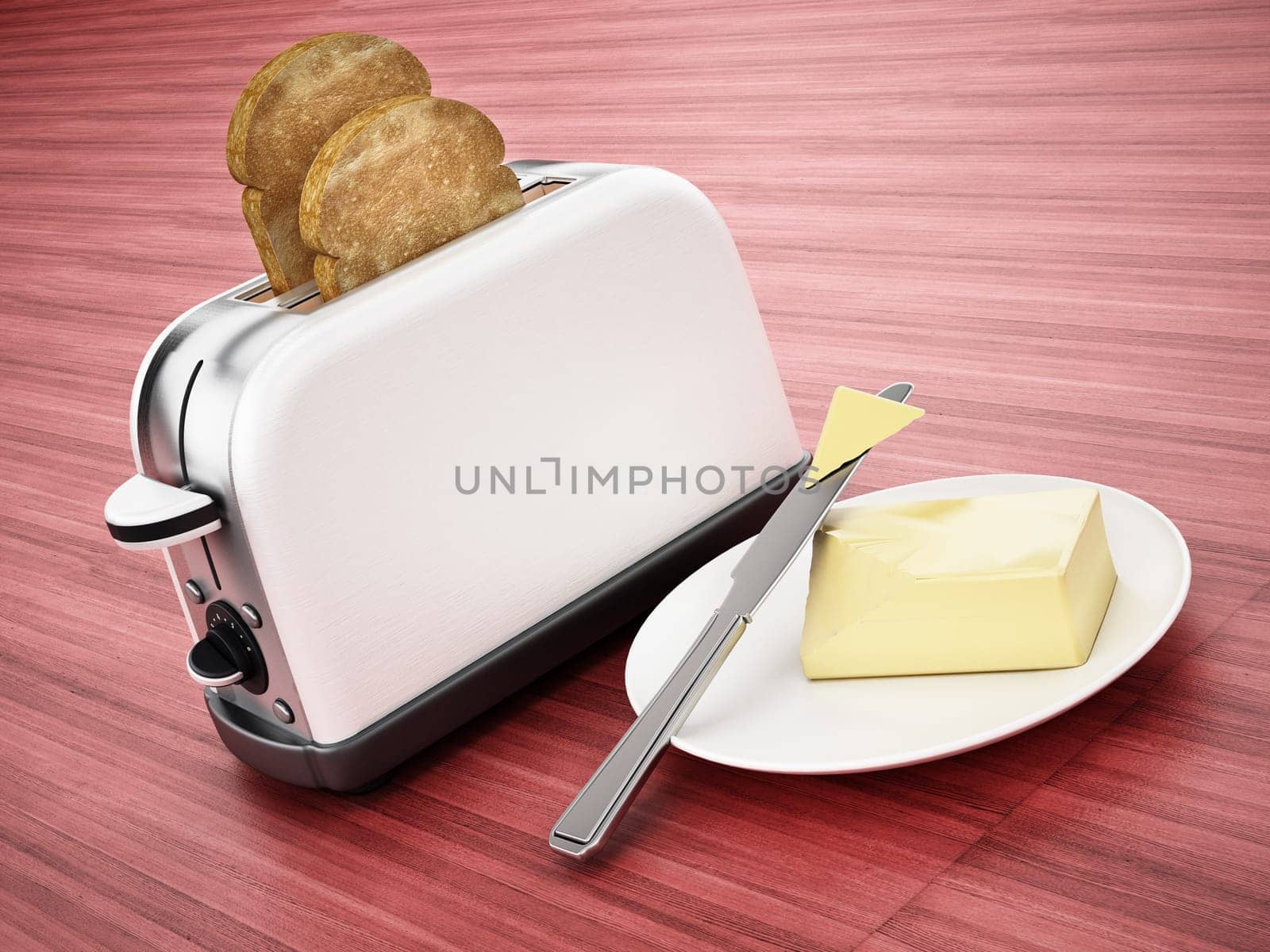 Butter and knife beside toaster and grilled bread. 3D illustration.