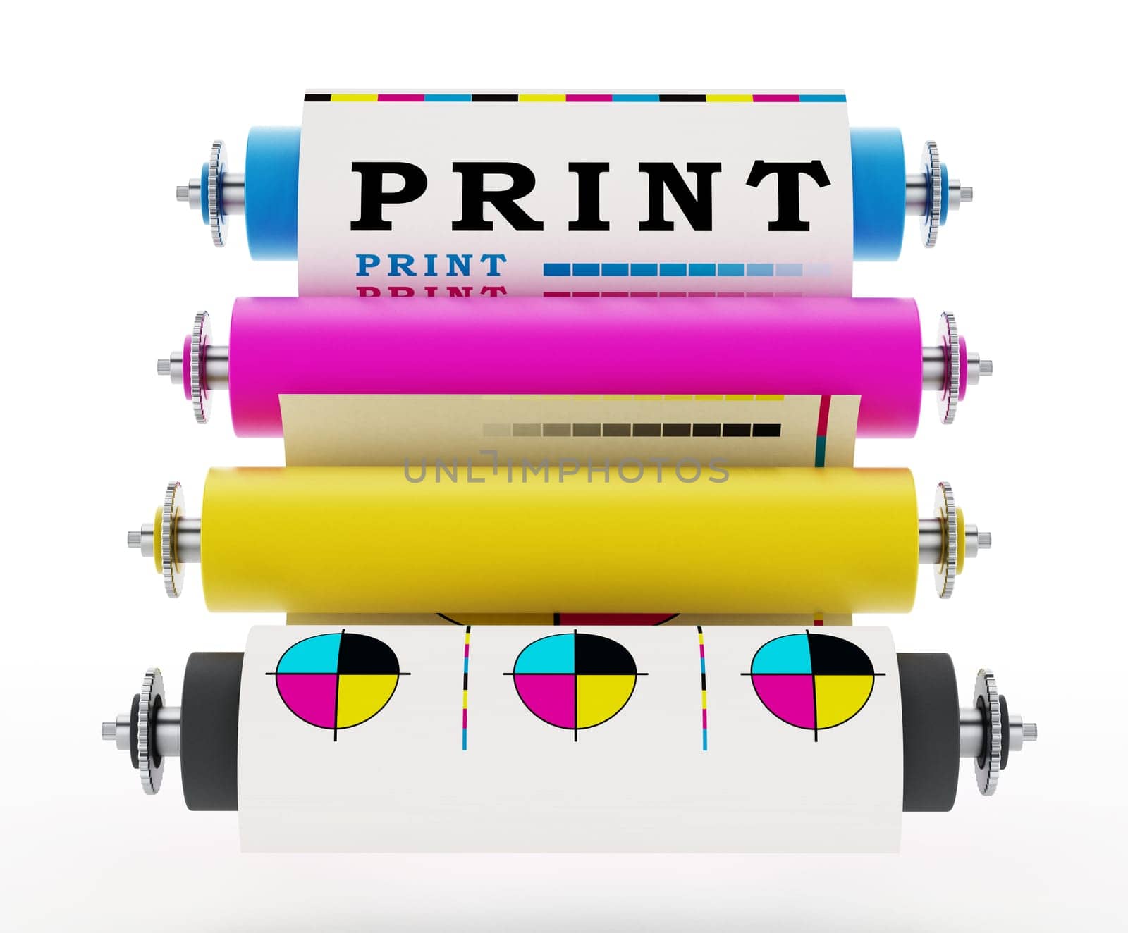 CMYK Printing press with test print. 3D illustration.
