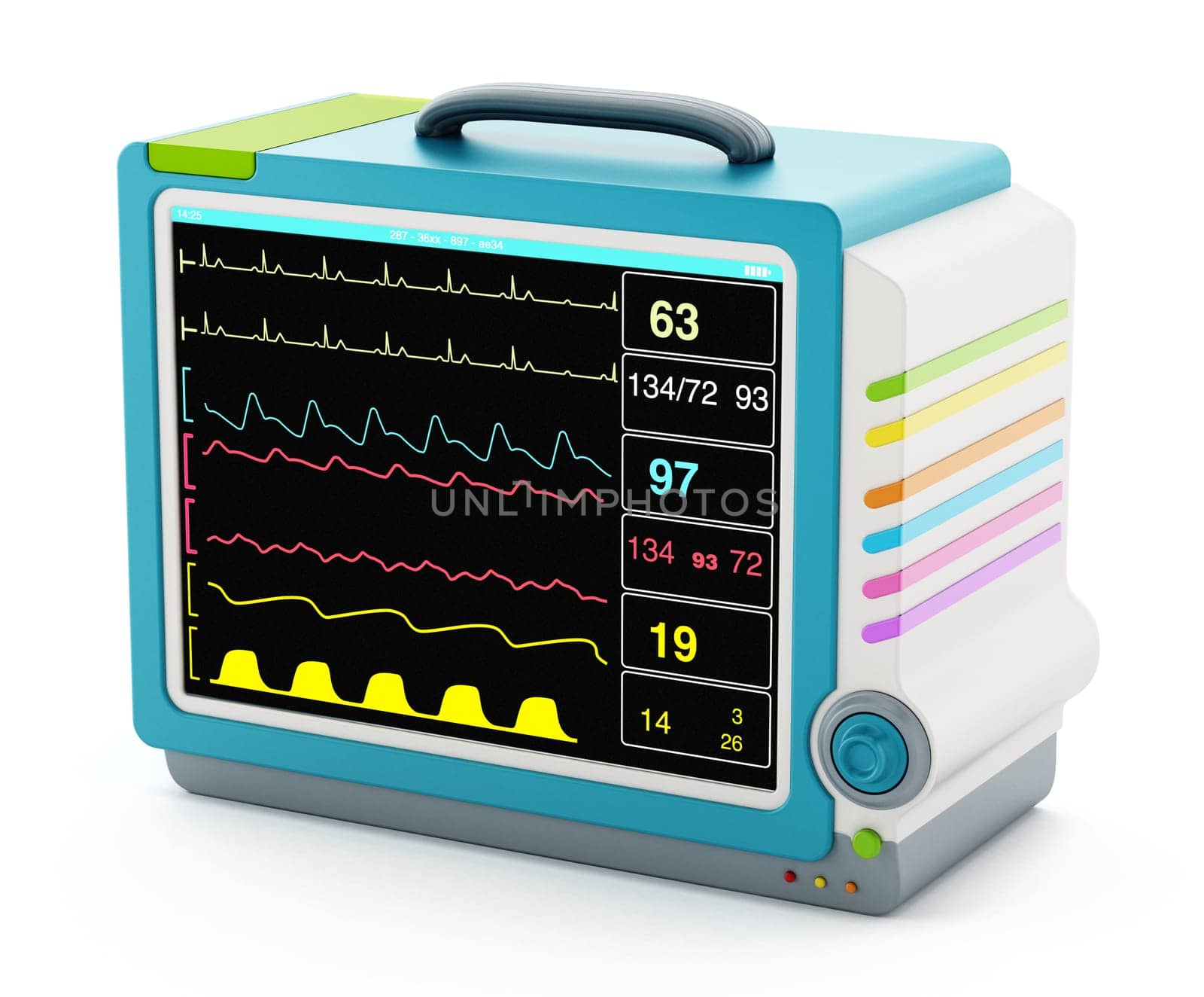 Medical monitor showing vital health information isolated on white background. 3D illustration.