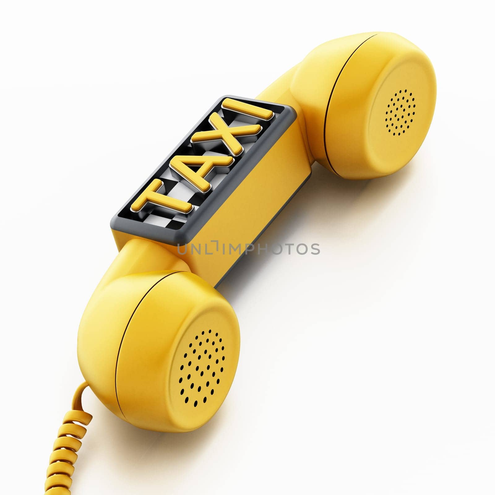 Yellow phone receiver with taxi sign on checkers pattern isolated on white background.