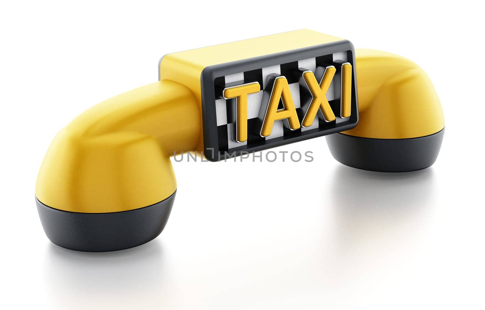 Yellow phone receiver with taxi sign on checkers pattern isolated on white background.