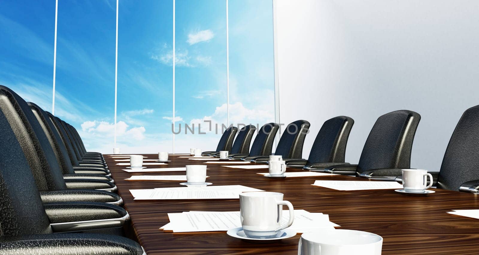Boardroom table with black leather chairs. 3D illustration.