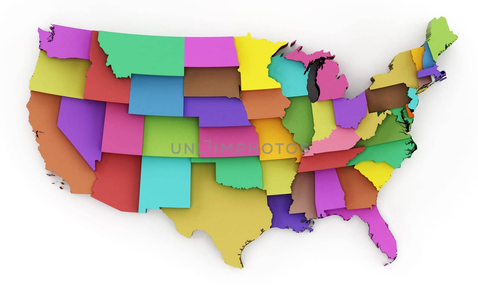 Multi colored USA map showing state borders. 3D illustration.
