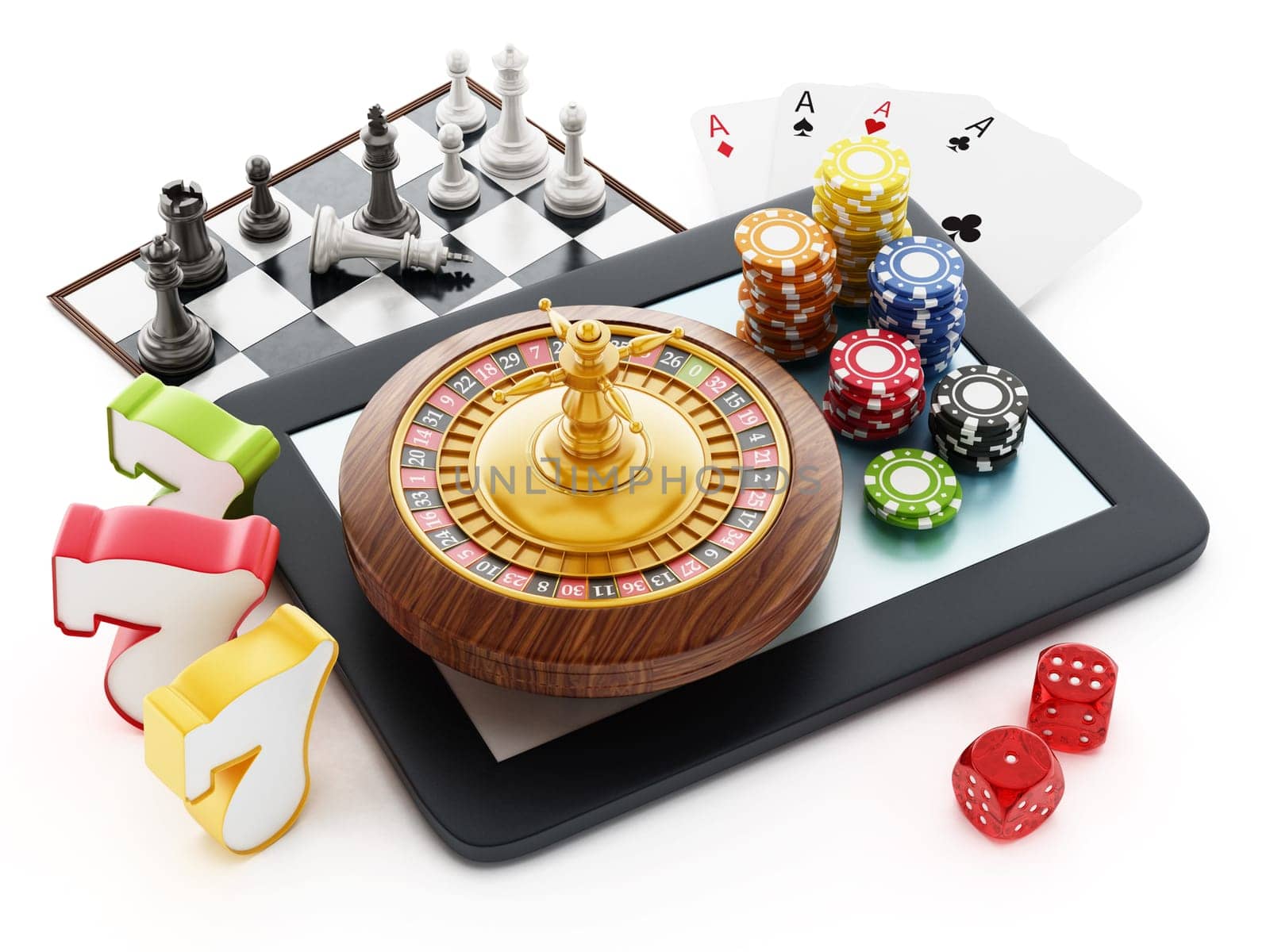 Tablet computer, playing cards, roulette,chips, dice isolated on white background