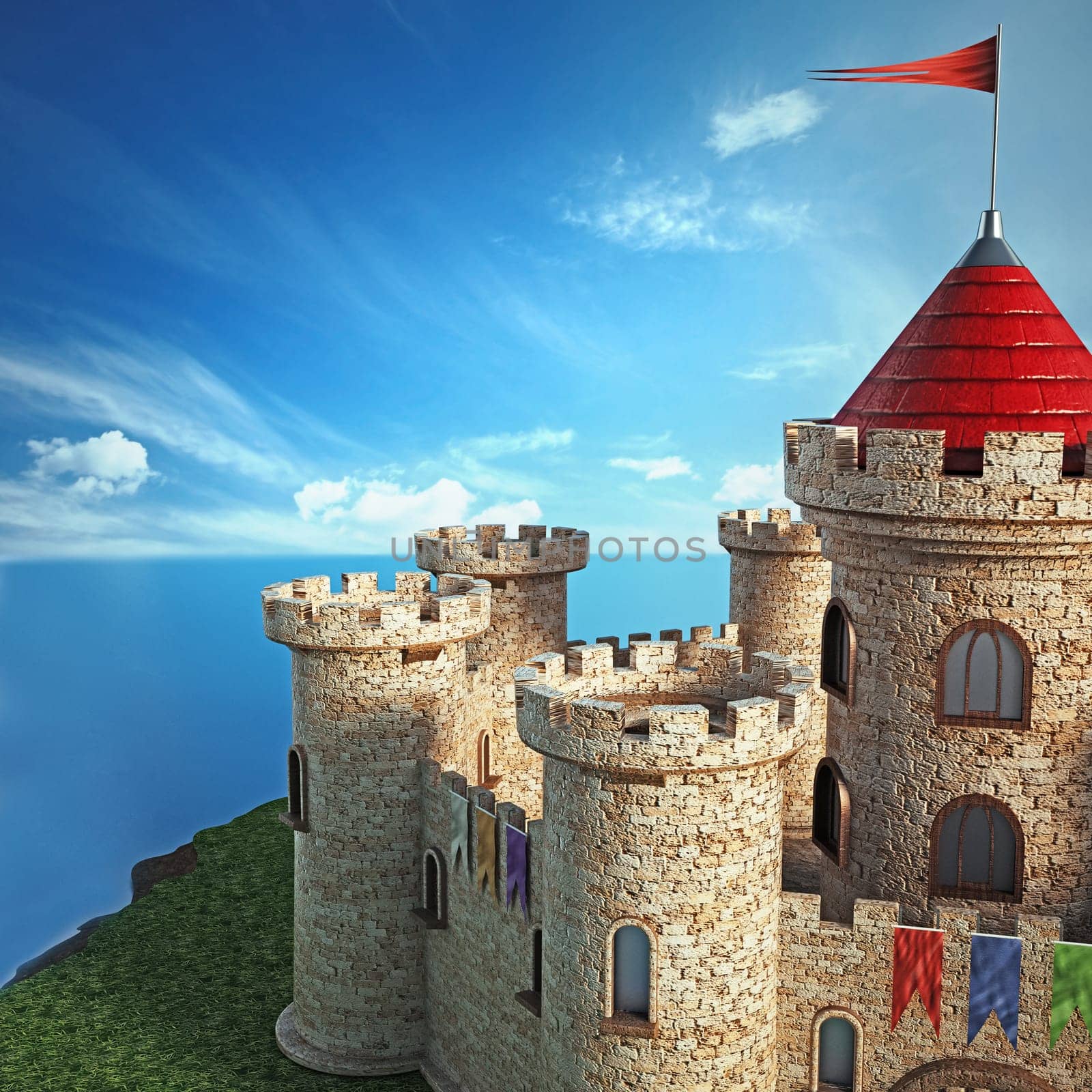 Fantastic medieval castle under dramatic blue sky.