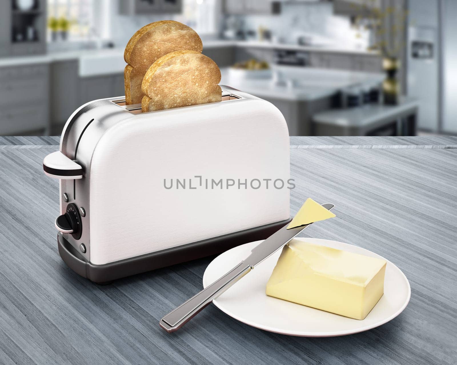 Butter and knife beside toaster and grilled bread. 3D illustration.