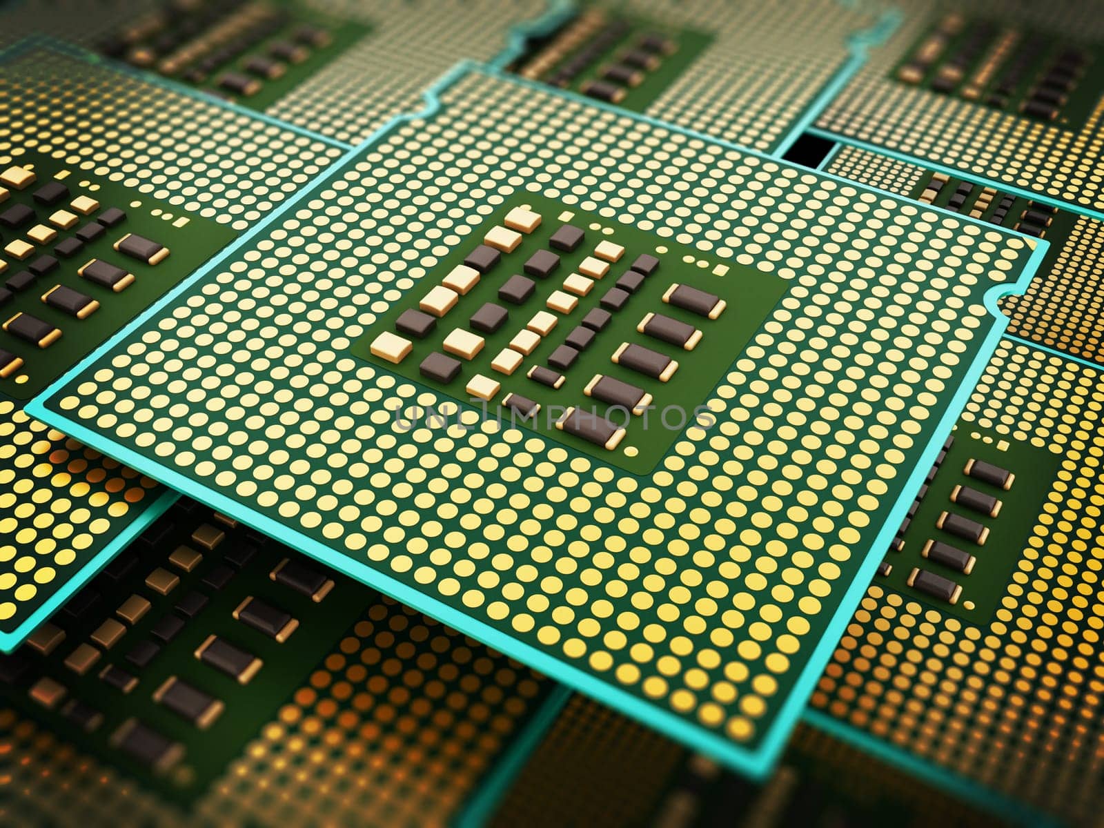 Stack of modern micro processors. 3D illustration.