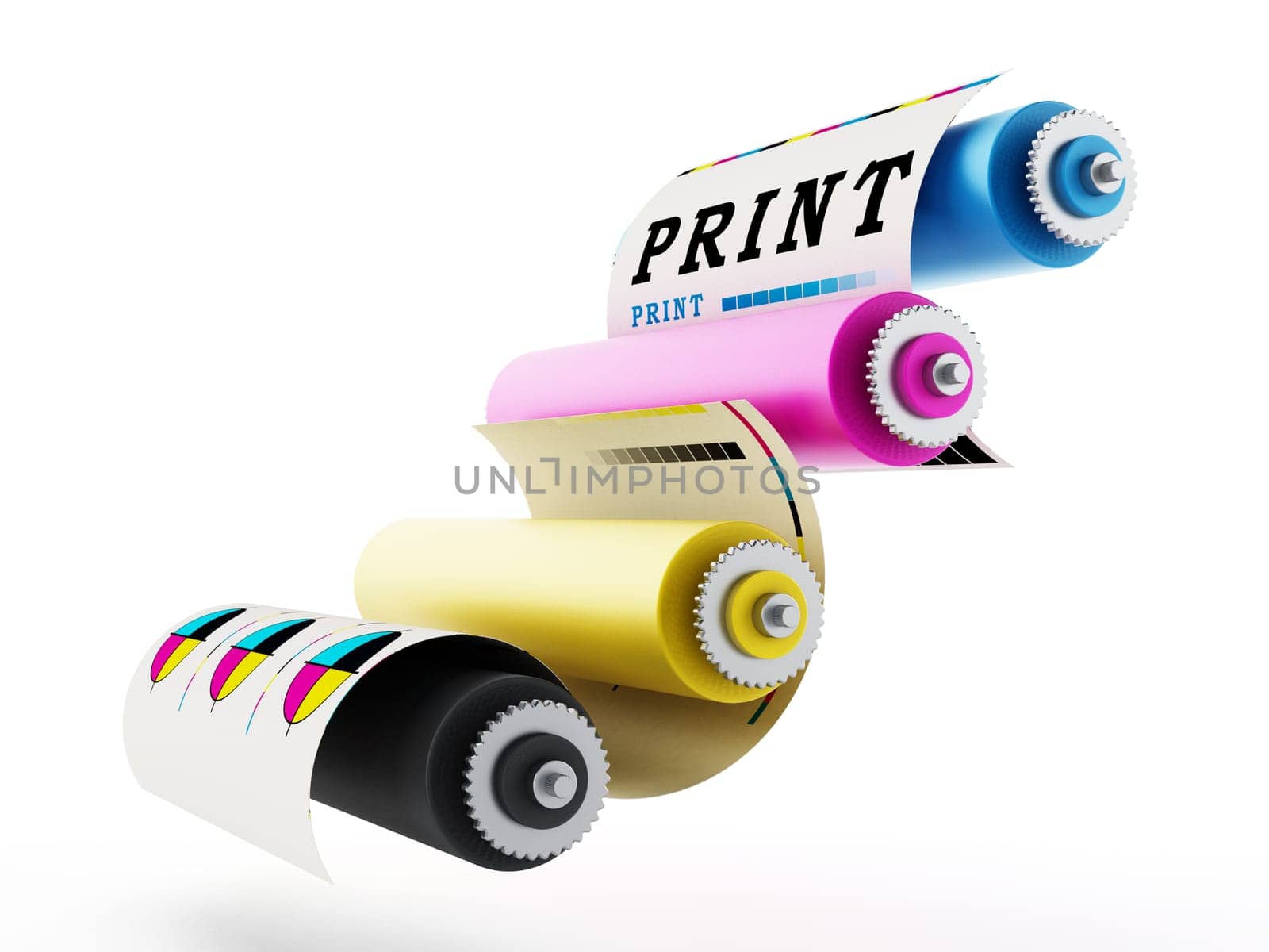CMYK Printing press with test print. 3D illustration.