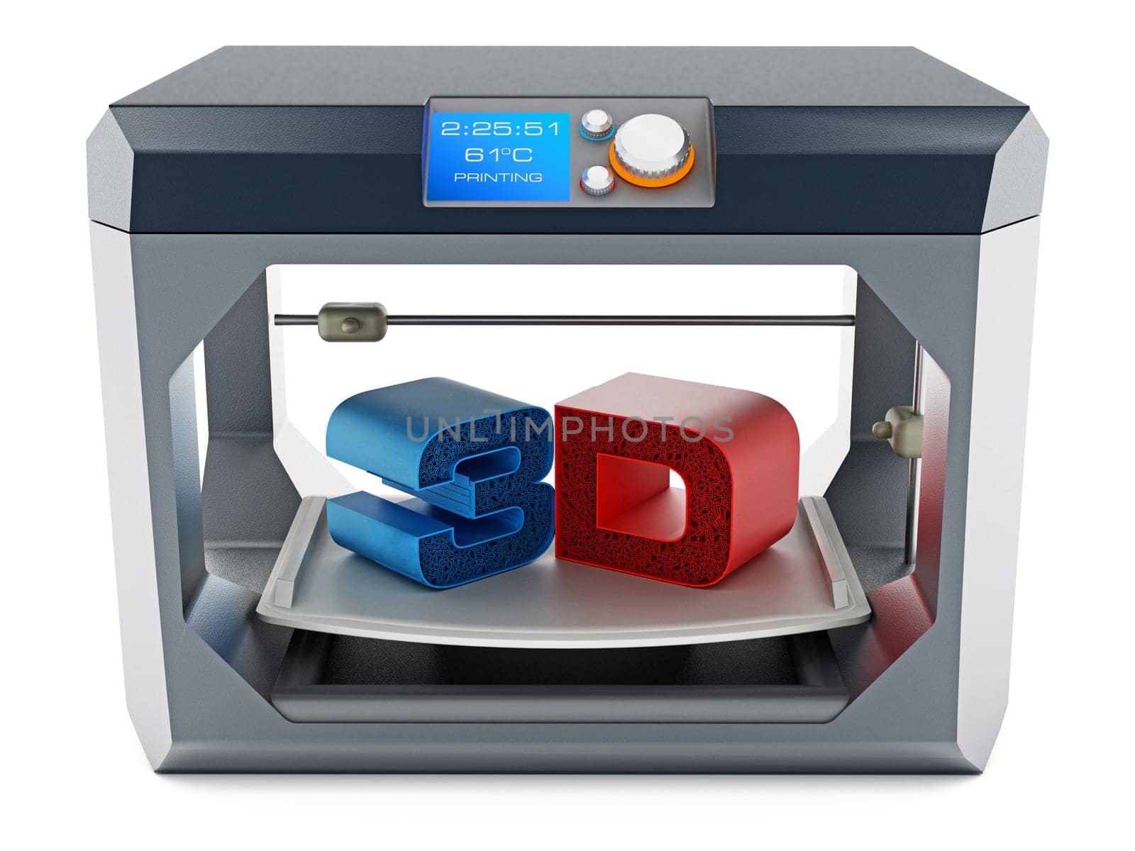 Printed 3D text on 3D printer printing surface . 3D illustration.