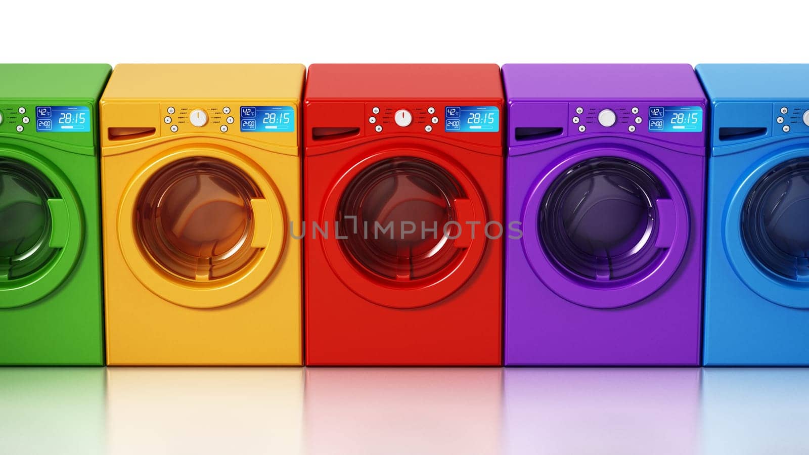 Multi colored washing machines isolated on white background. 3D illustration.