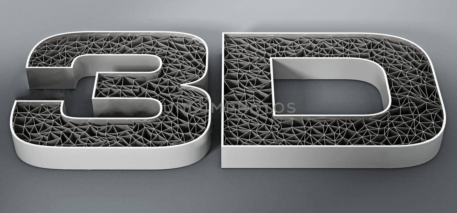 Printed mesh 3D text on gray background. 3D illustration.