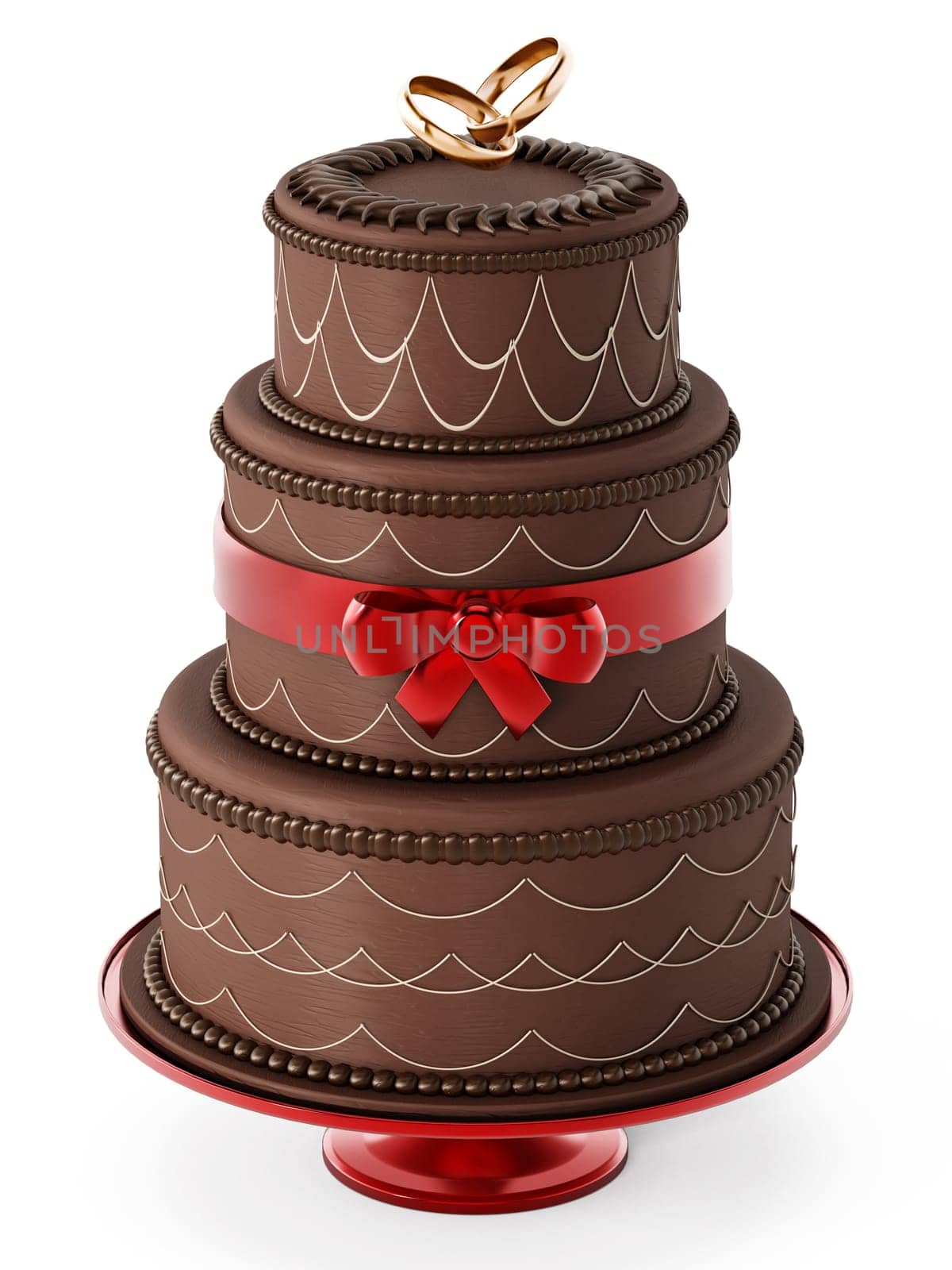 Chocolate wedding cake isolated on white background. 3D illustration.