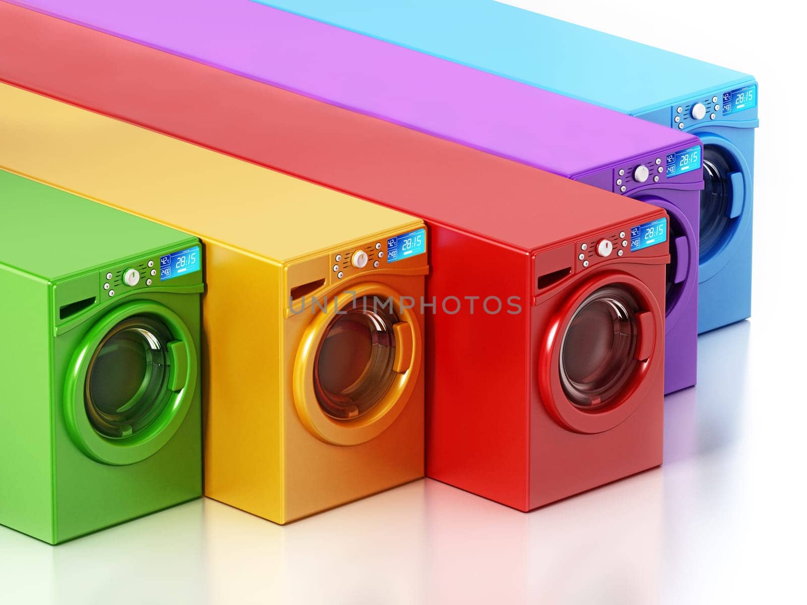 Multi colored washing machines isolated on white background. 3D illustration.