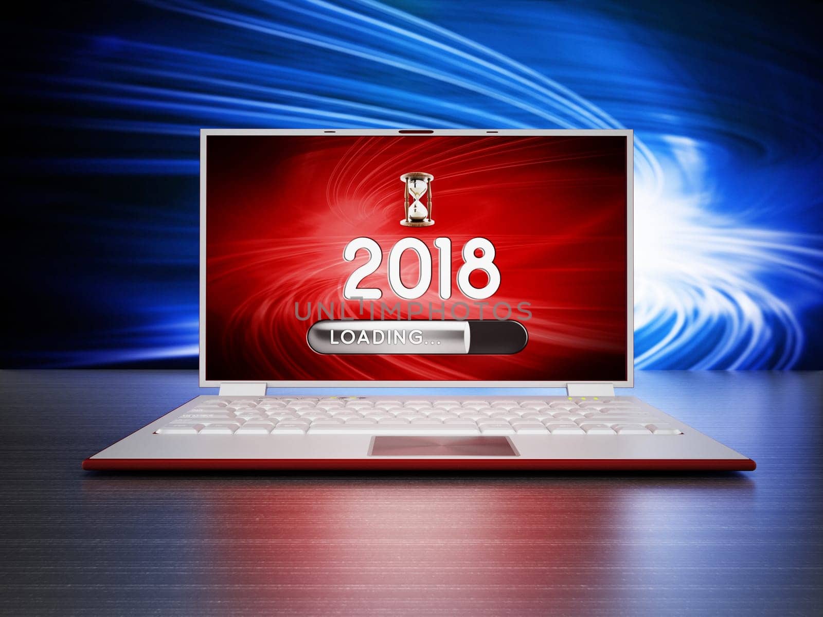 Notebook with 2018 and loading texts on the screen. 3D illustration.
