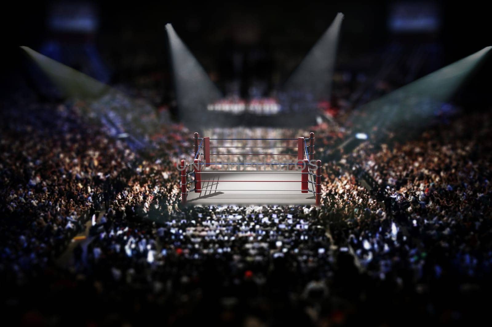 Empty boxing ring surrounded with spectators. 3D illustration.