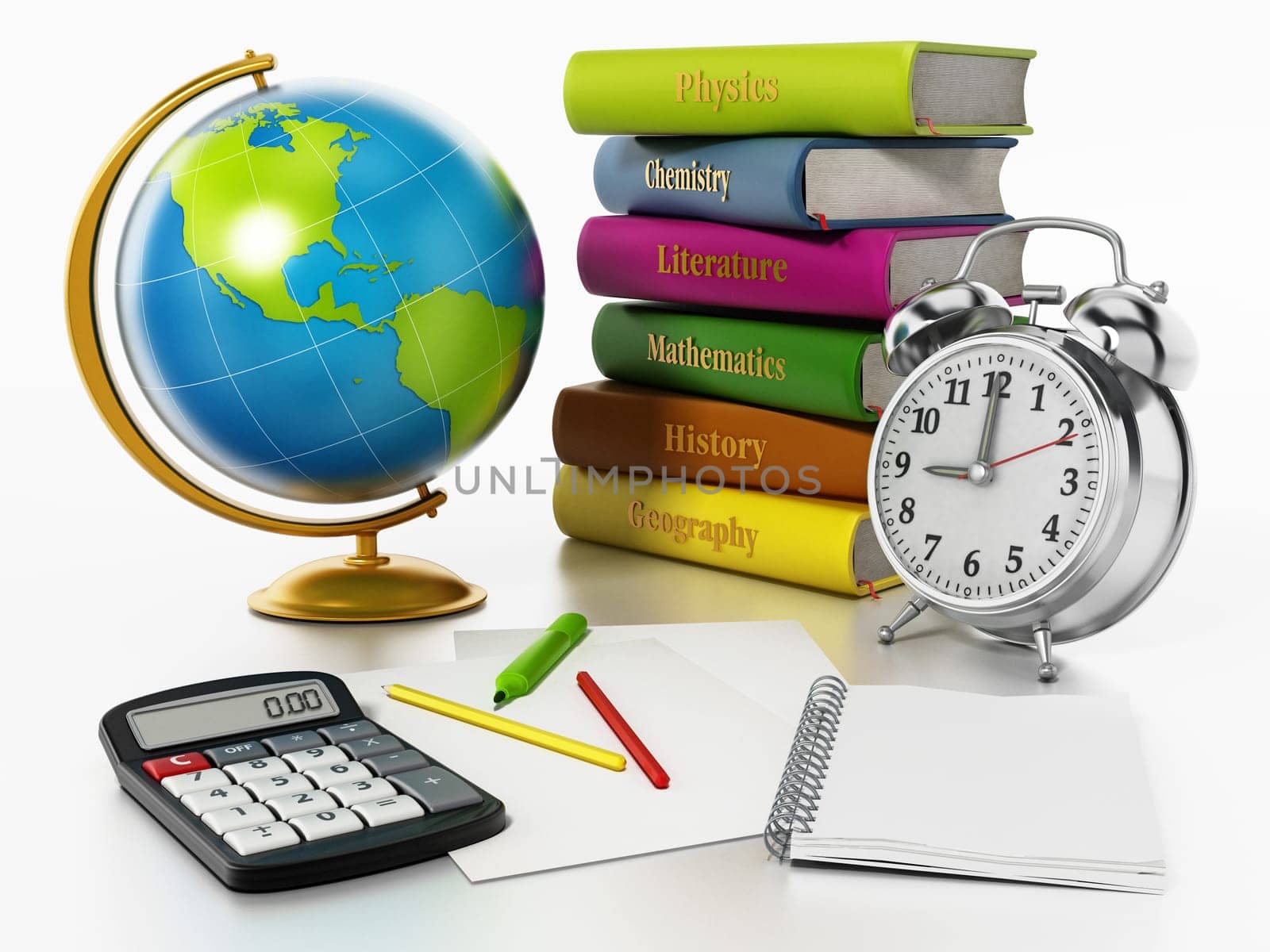 Globe, school books, alarm clock and pen sisolated on white background. 3D illustration.