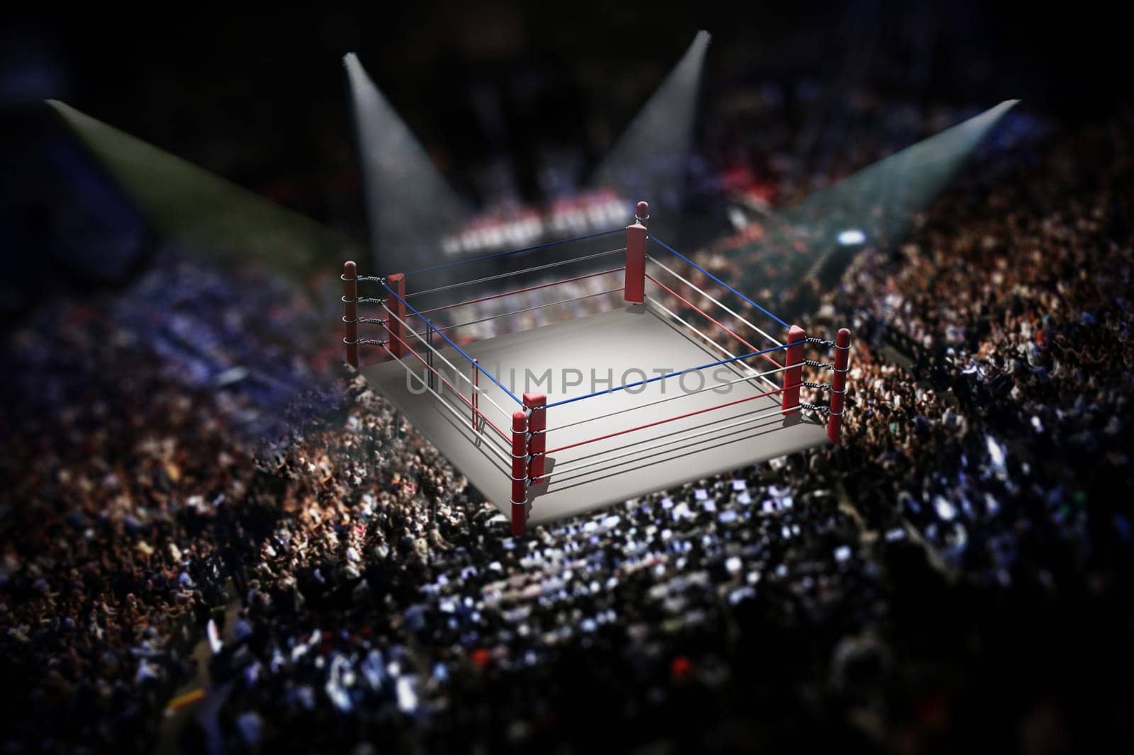 Empty boxing ring surrounded with spectators. 3D illustration.