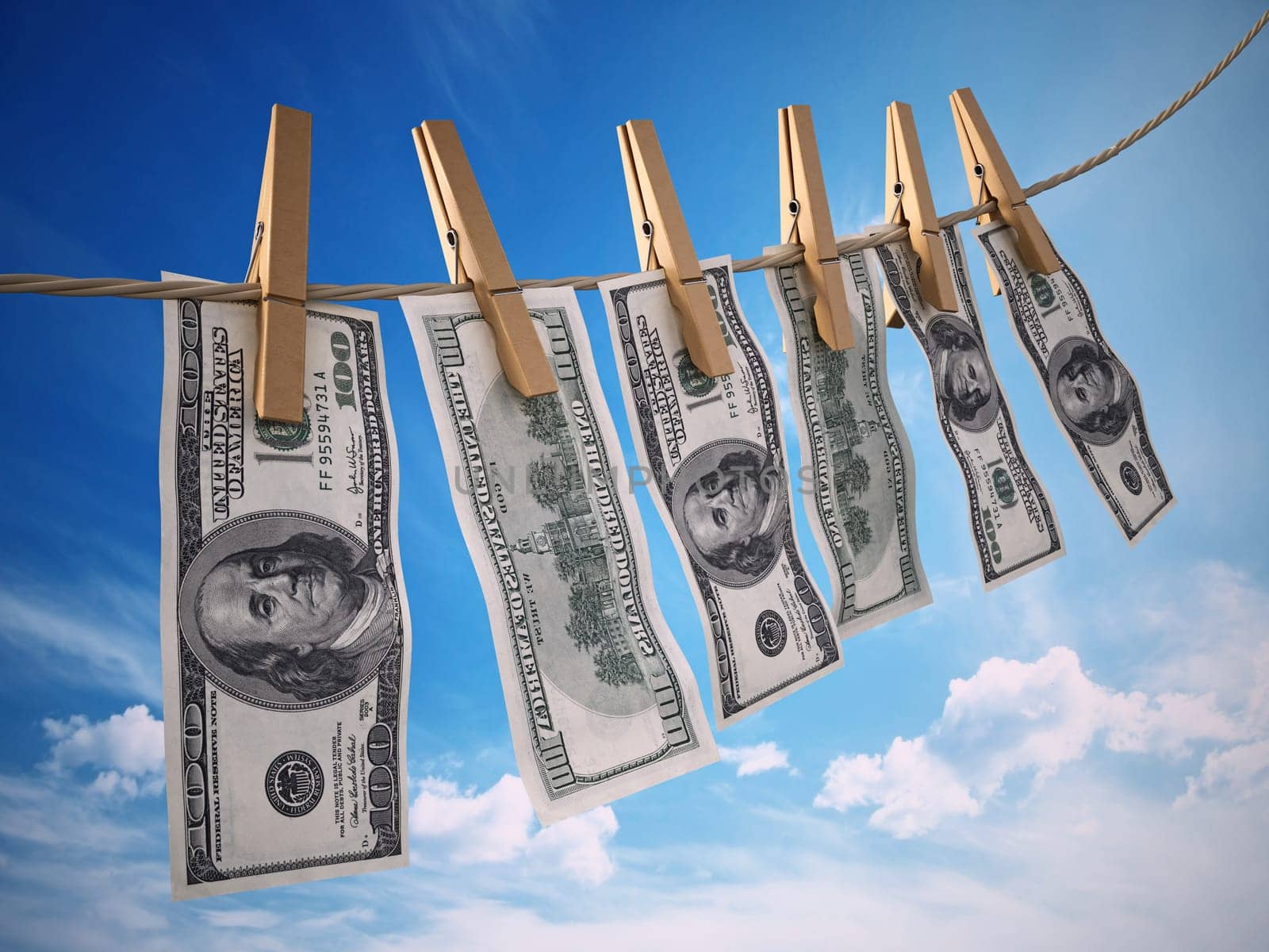 Money laundring concept with dollars hanging on the rope. 3D rendered illustration