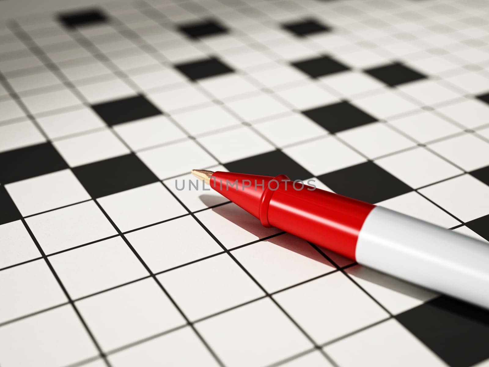 Ball point pen standing on crossword puzzle 3D illustration.