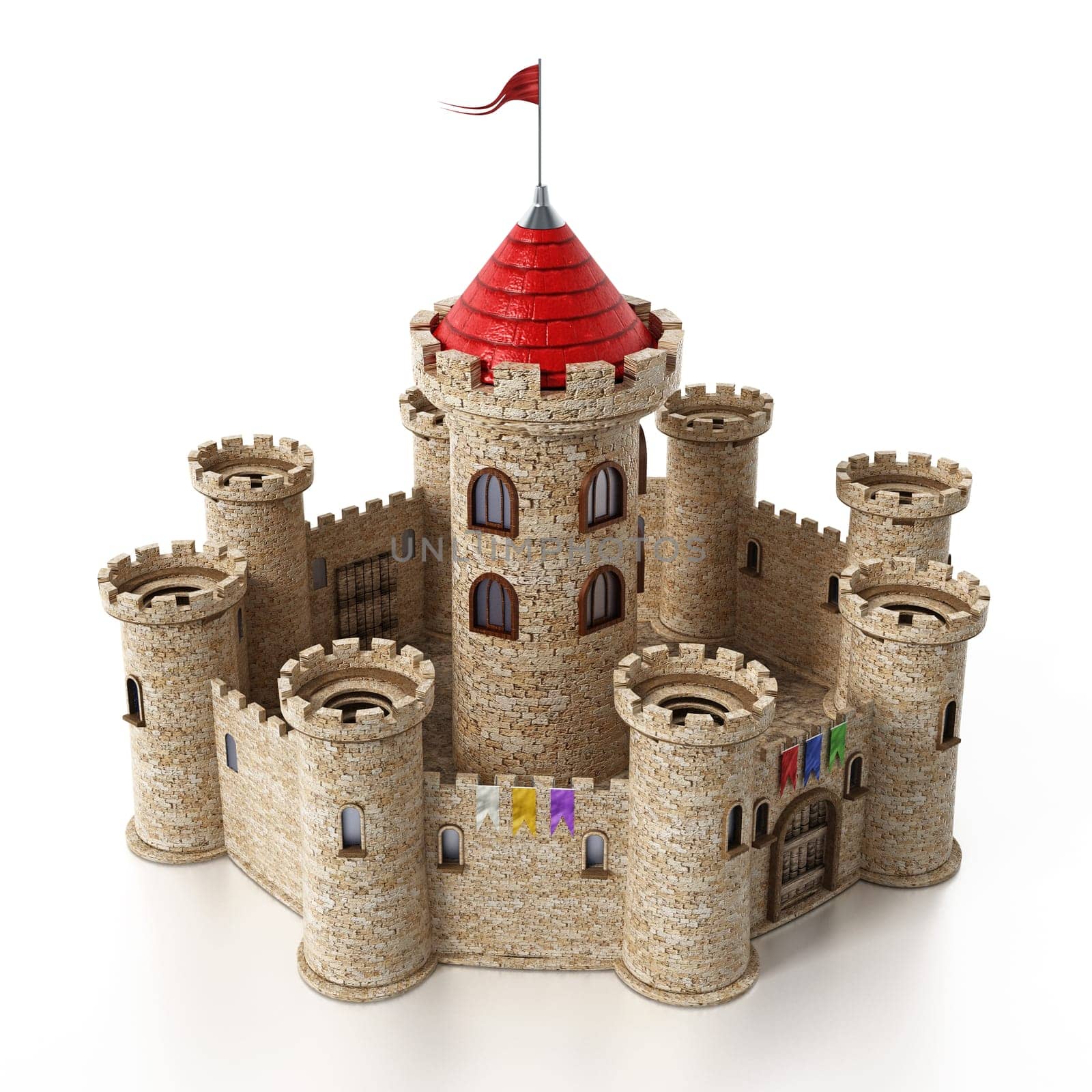 Fantastic medieval castle isolated on white background.