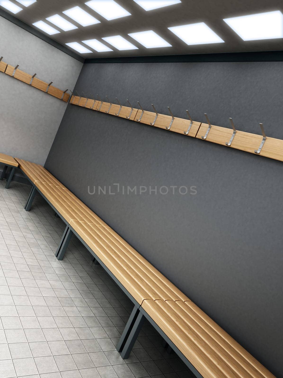 Dressing room of a gymnasium. 3D illustration.