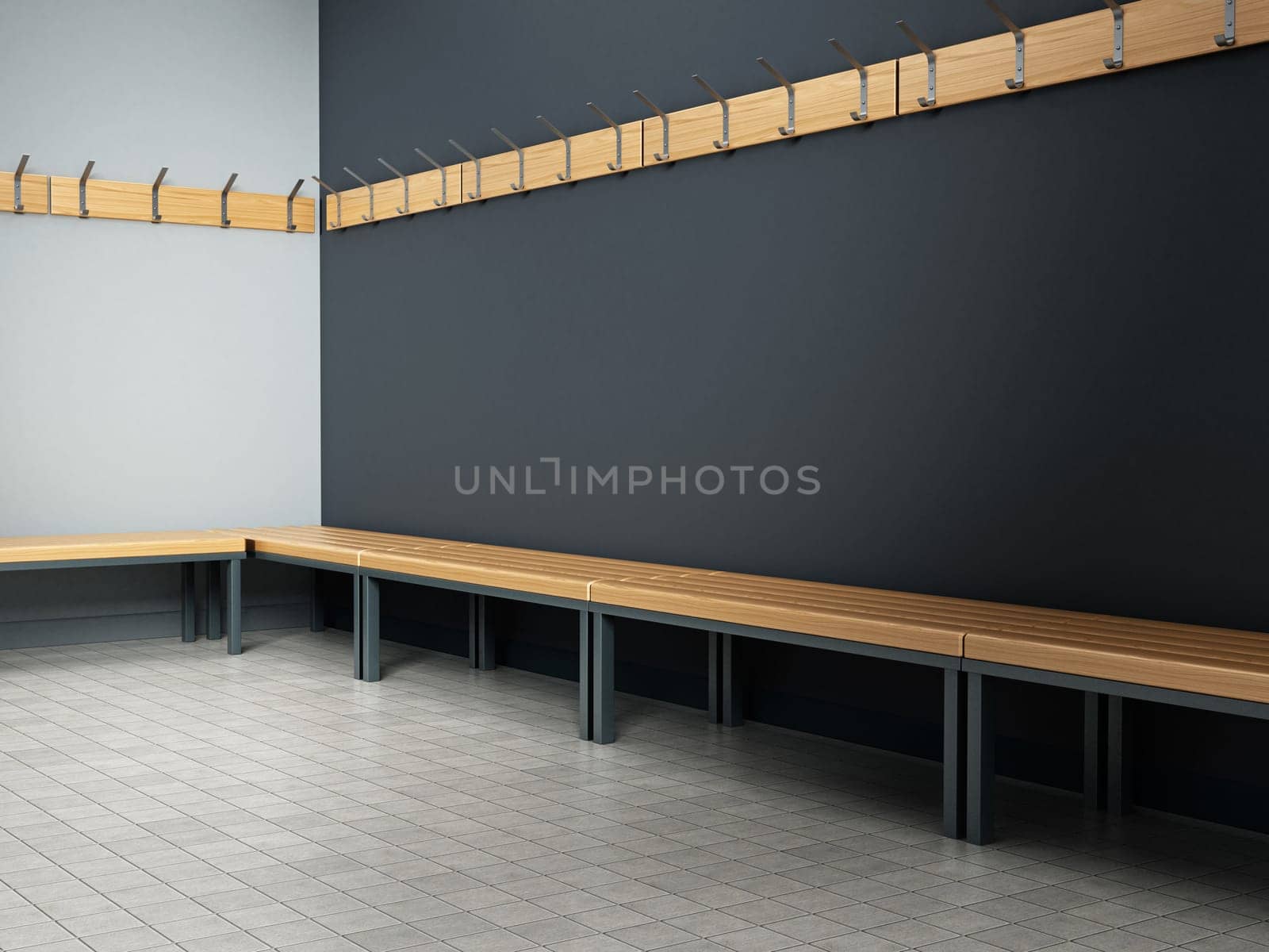 Dressing room of a gymnasium. 3D illustration.