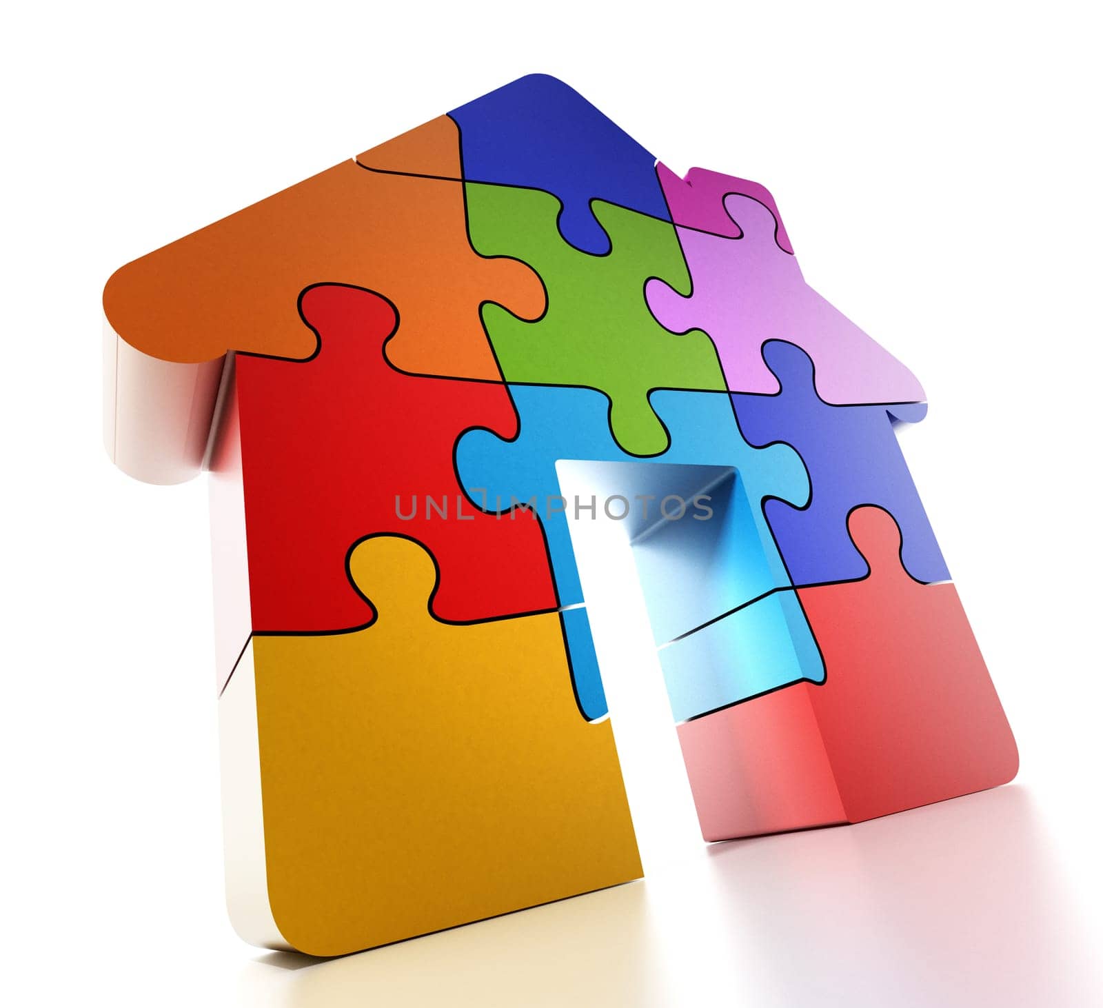 Multi colored puzzle pieces forming a house. 3D illustration.