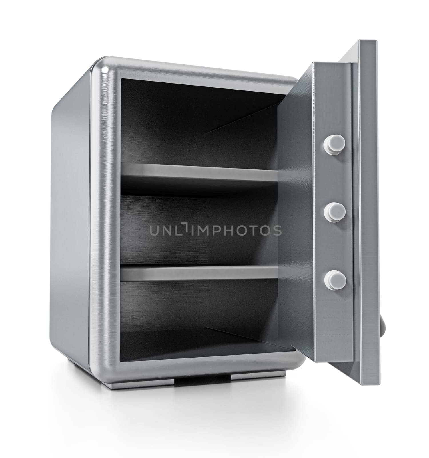 Steel safe with open door isolated on white background. 3D illustration.