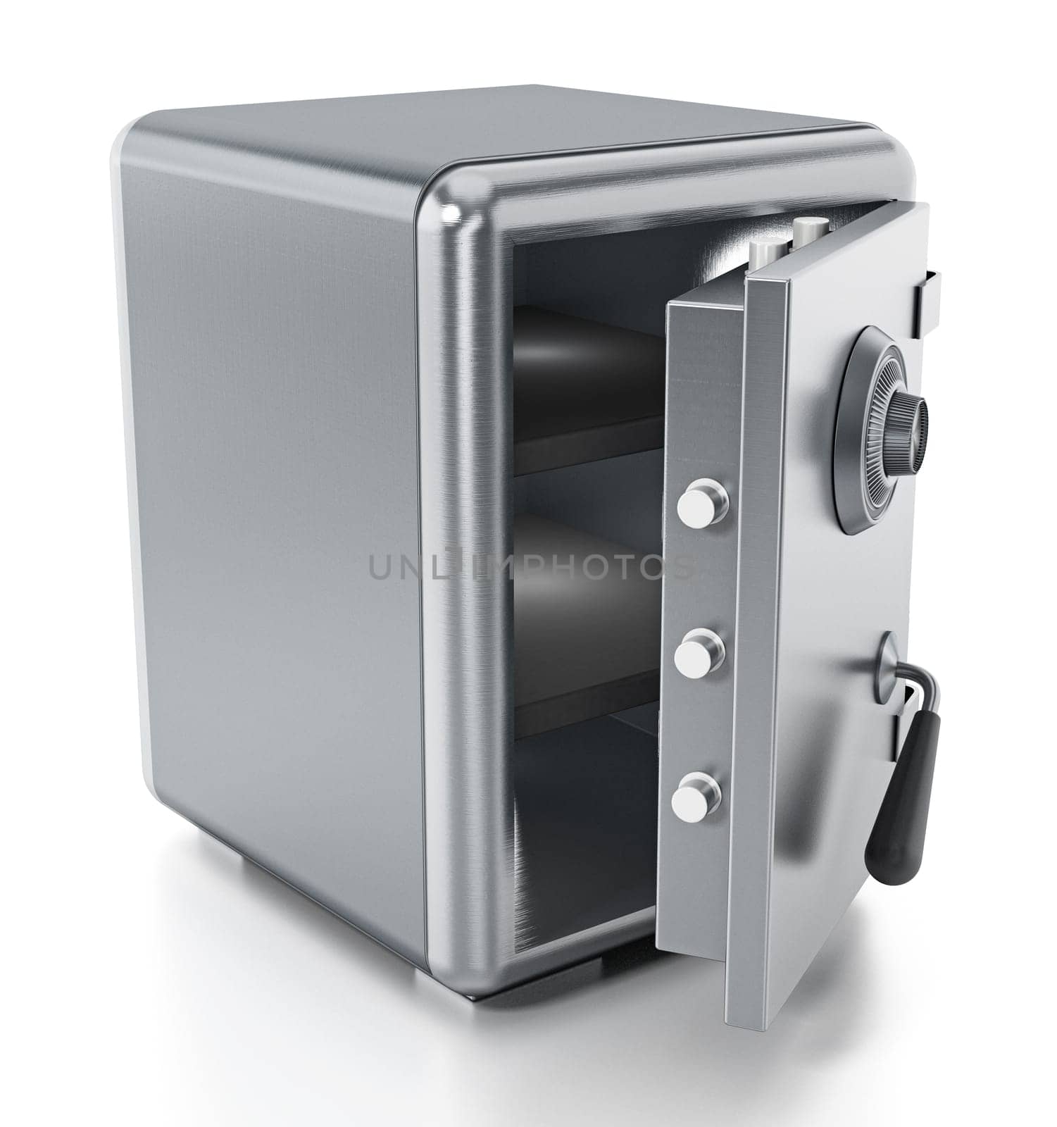 Steel safe with open door isolated on white background. 3D illustration.