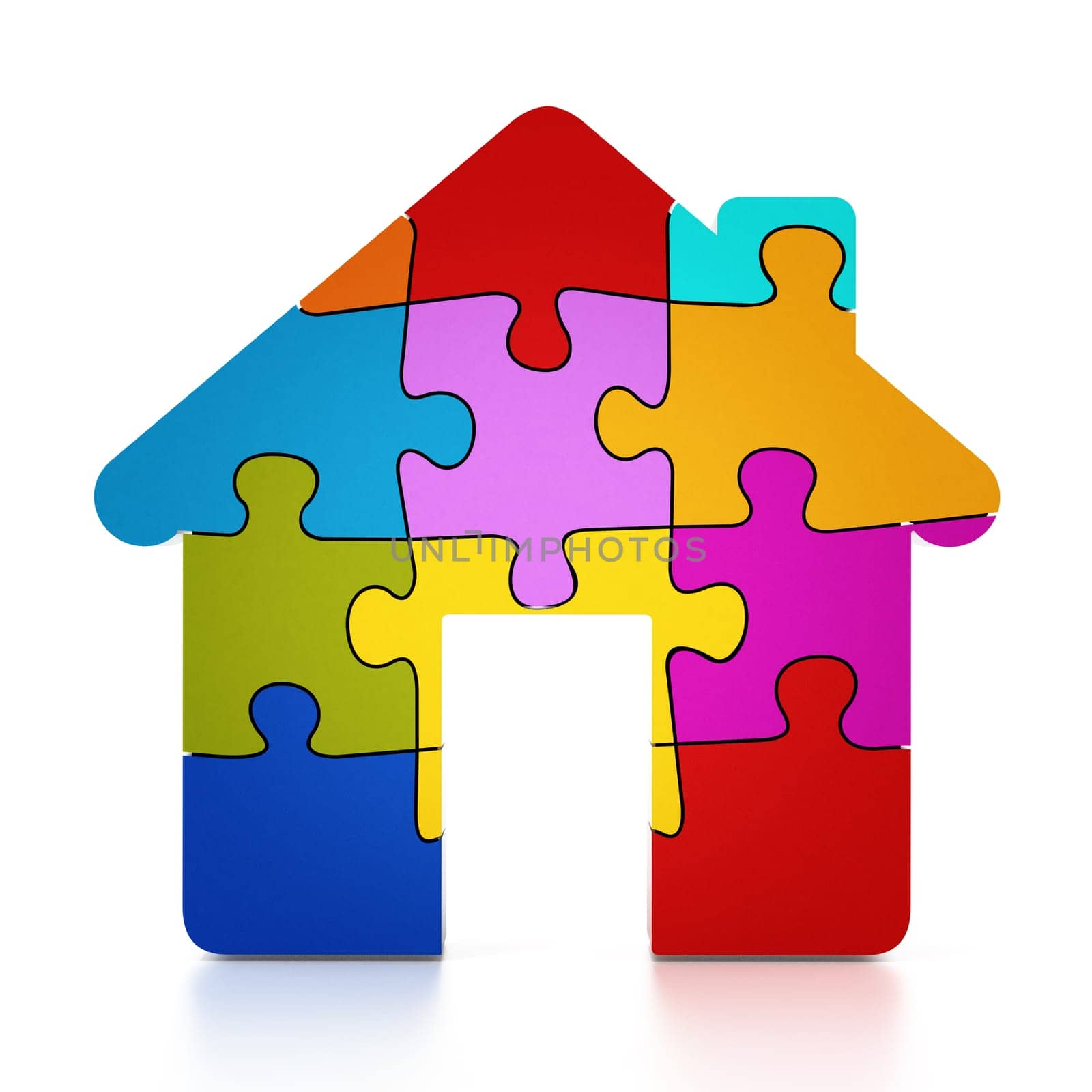 Multi colored puzzle pieces forming a house. 3D illustration.