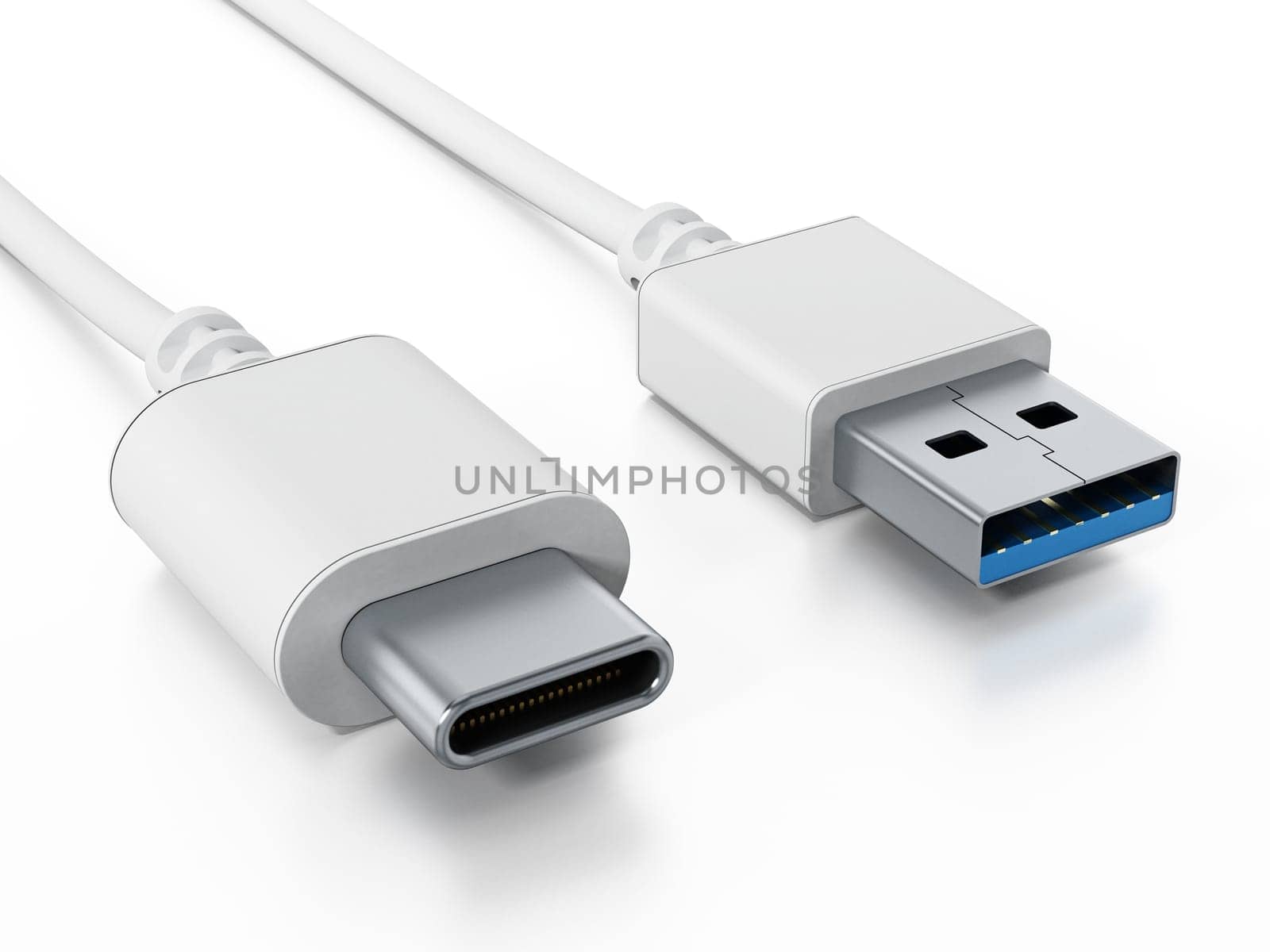 USB type C and USB 3.0 format cables isolated on white background. 3D illustration.