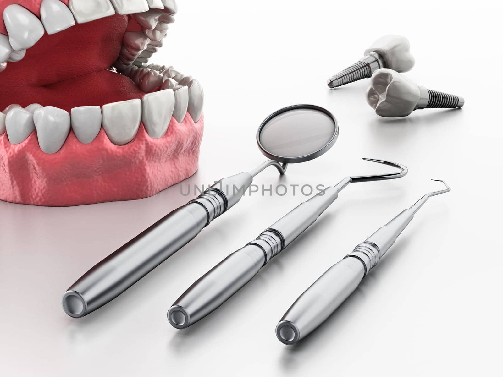 Professional dentist tools isolated on white background. 3D illustration.