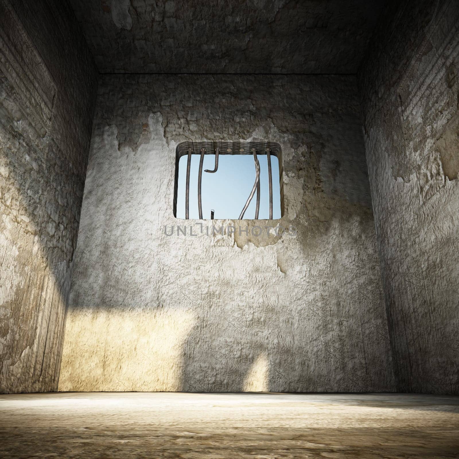Prison cell with broken prison bars on the window. 3D illustration.