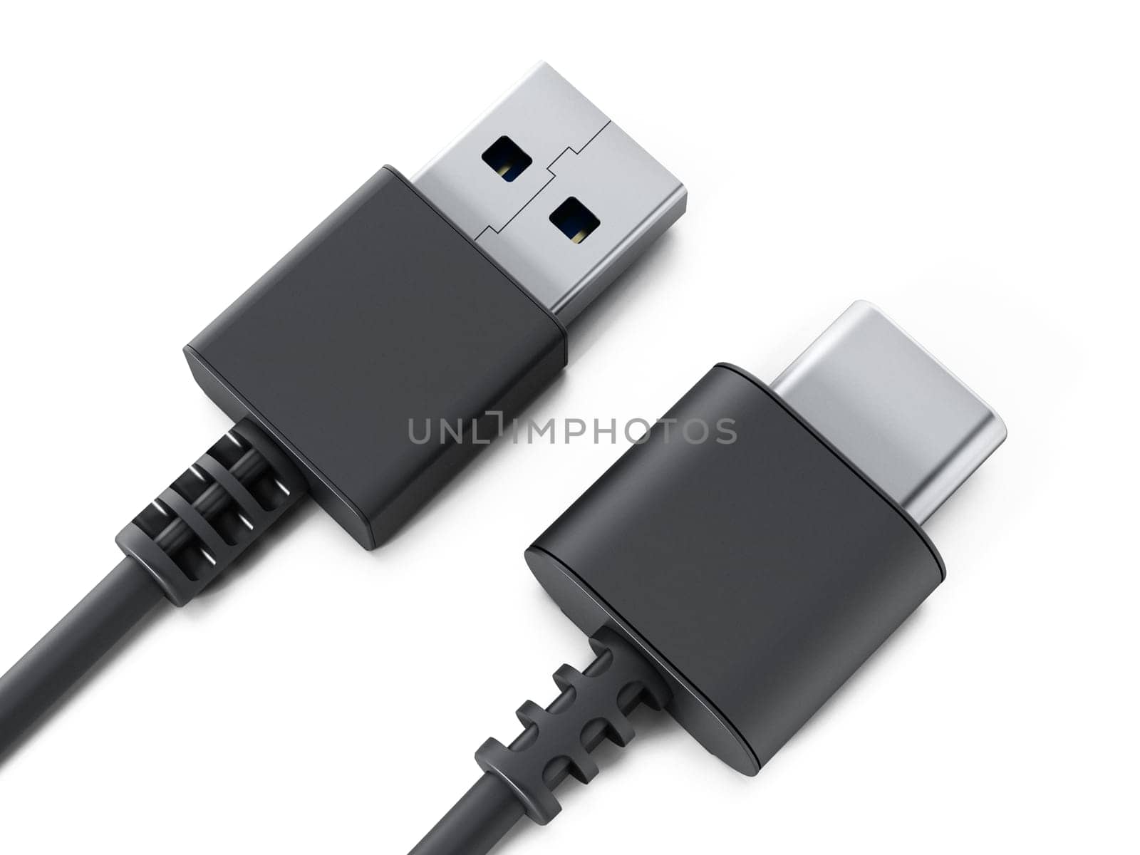 USB type C and USB 3.0 format cables isolated on white background. 3D illustration.