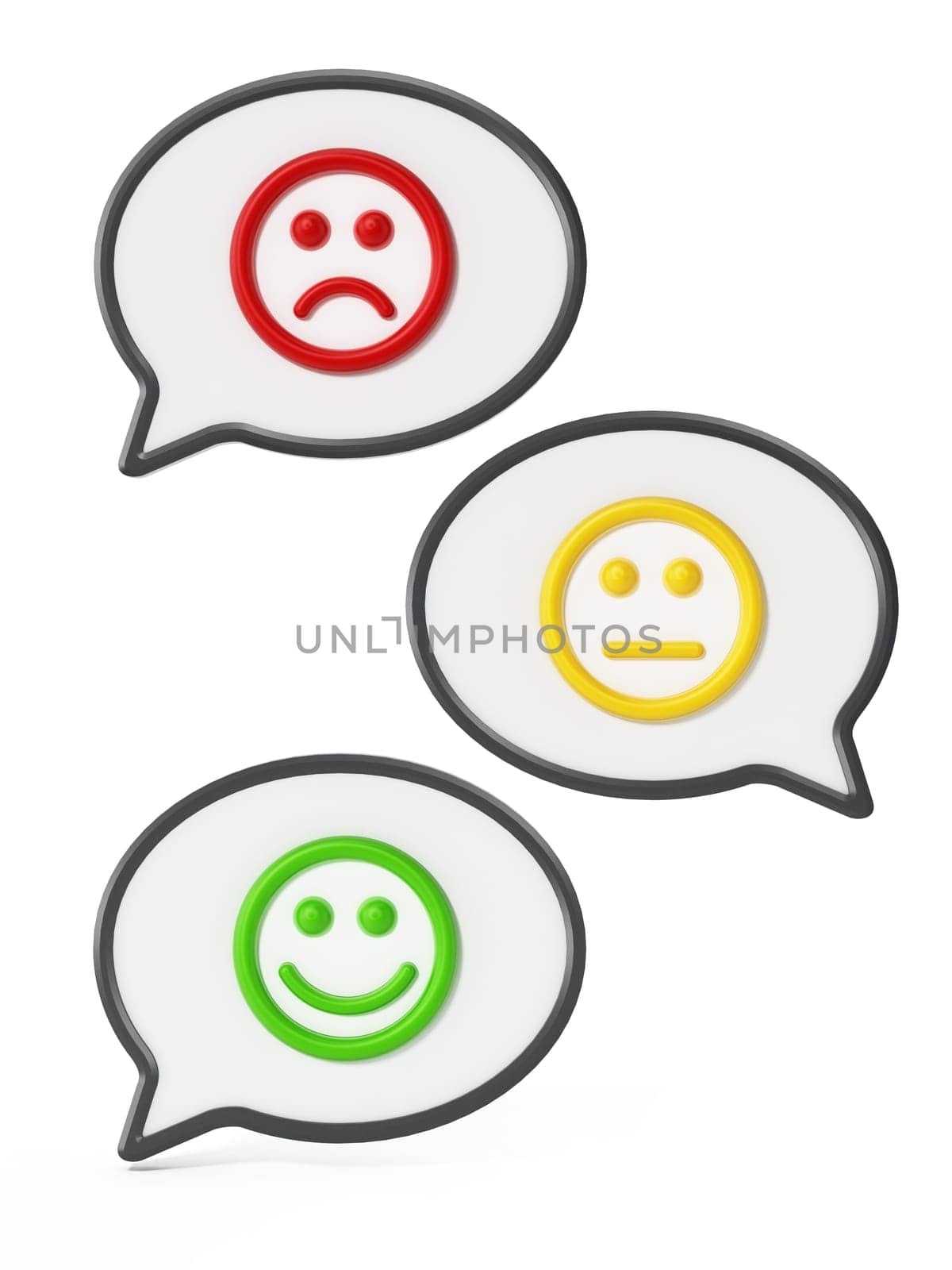 Green, yellow and red faces inside speech balloons showing satisfaction levels. 3D illustration.