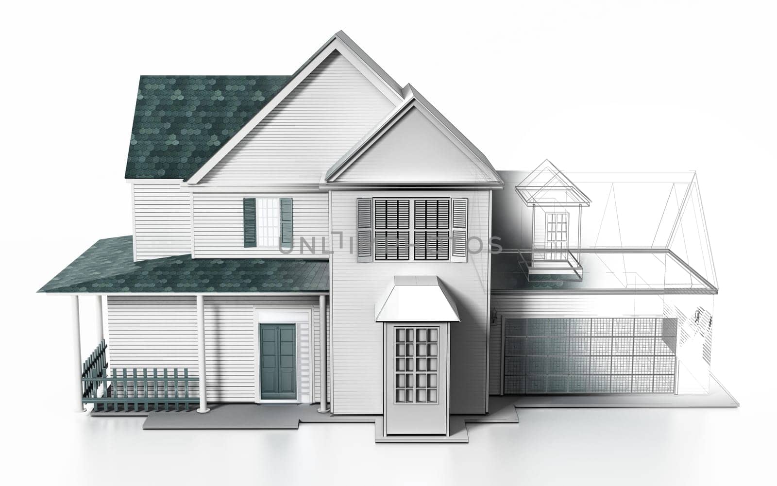 Luxurious modern house with wireframe rendered parts. 3D illustration.