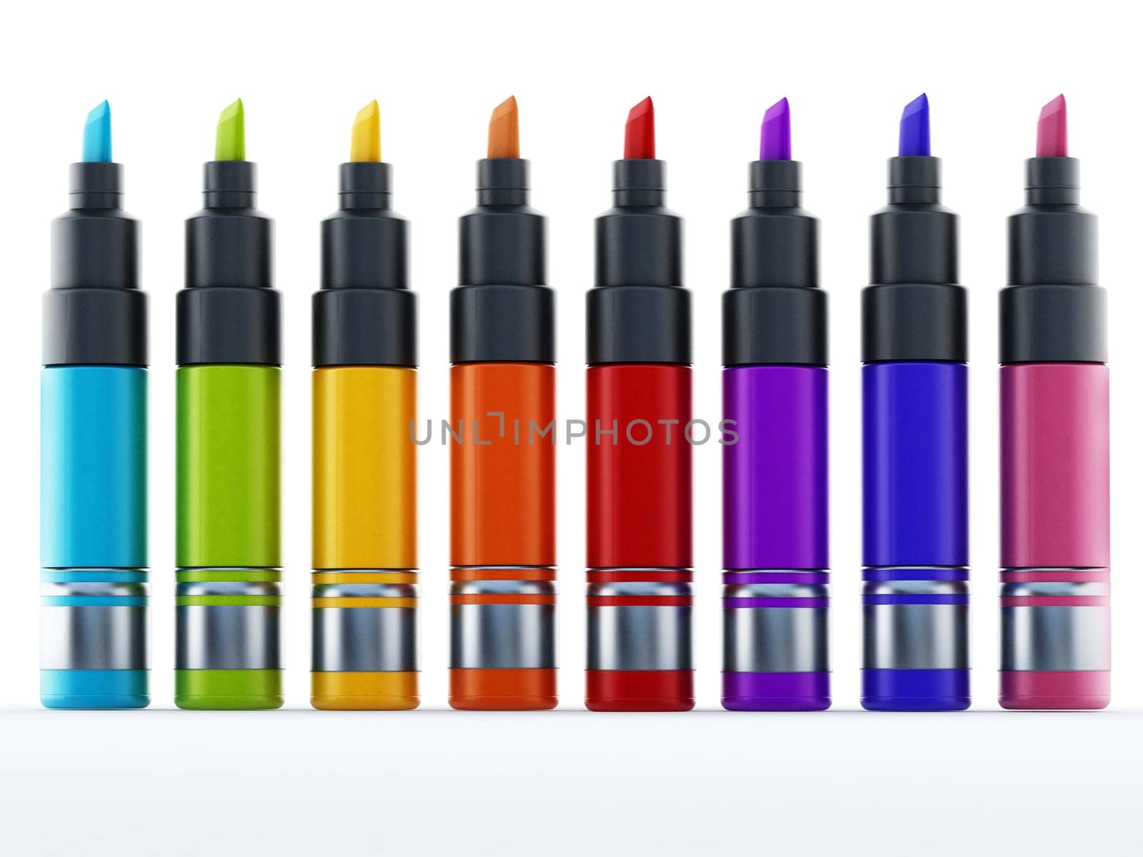 Multi colored marker pen isolated on white background. 3D illustration.