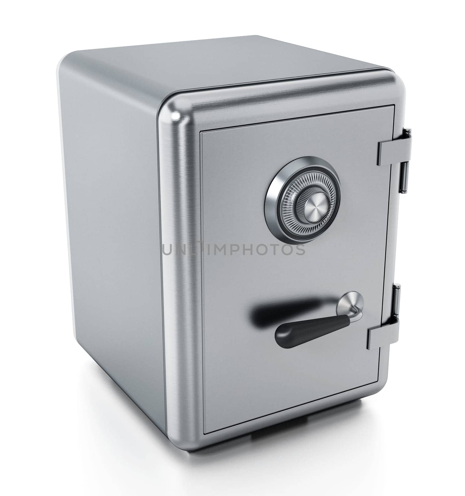 Steel safe with closed door isolated on white background. 3D illustration.