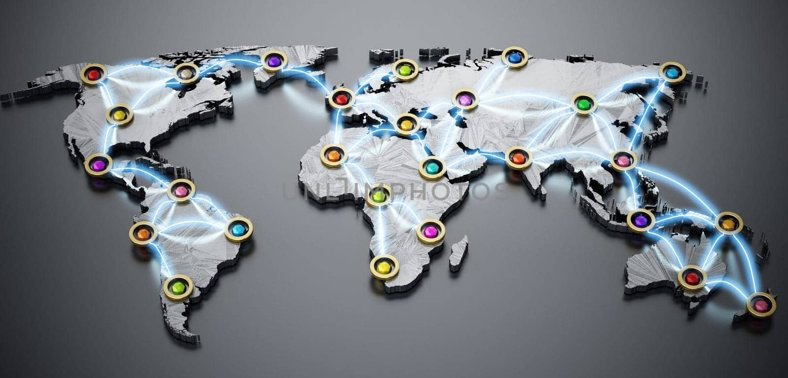 Flight or internet network on 3D world map. 3D illustration.
