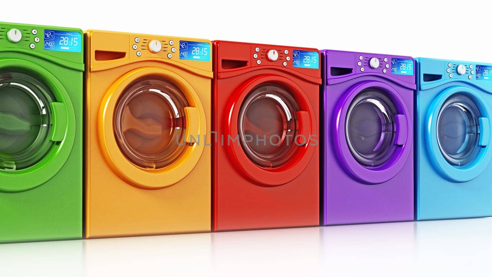 Multi colored washing machines isolated on white background. 3D illustration.
