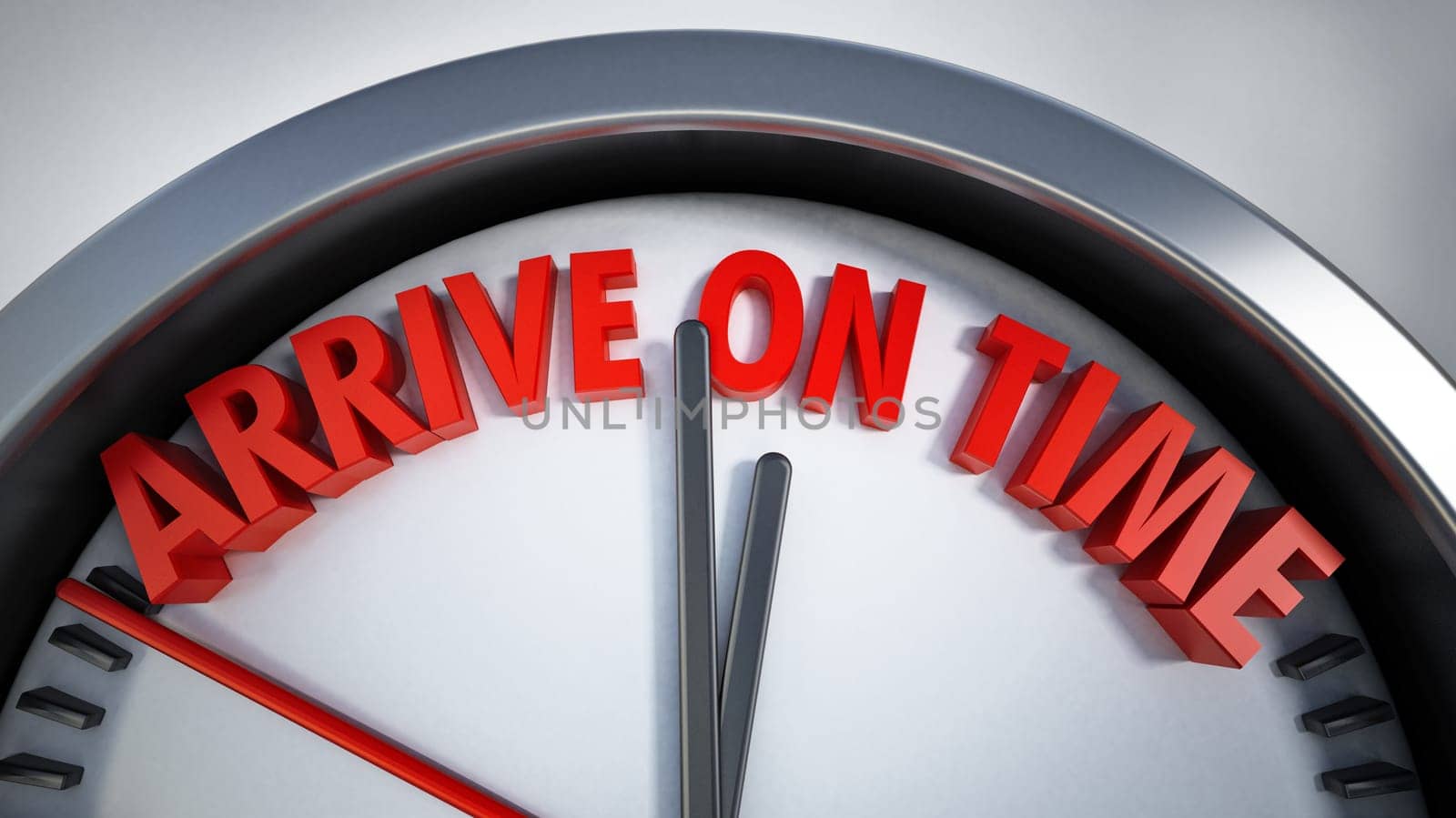 Clock with arrive on time text. 3D illustration.